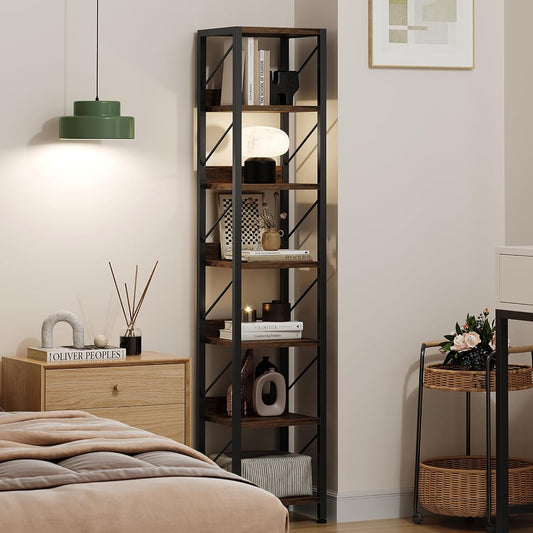 IDEALHOUSE Narrow Bookshelf Tall Skinny Bookcase 6 Tier Storage Rack Rustic Corner Shelf Metal Frame Small Freestanding Bookshelves Industrial Display Stand for Bedroom, Living Room, Home Office