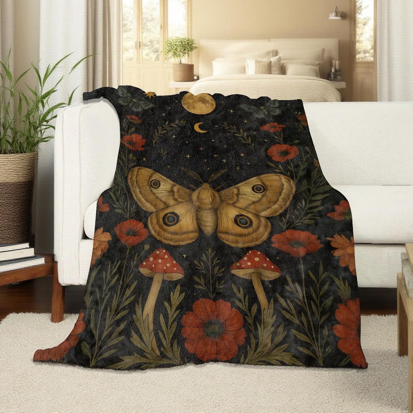 Moth and Mushroom Blanket, Flannel Blankets Gifts for Boys Girls Adults, Warm Cozy Soft Fuzzy Throw for Couch, Bed, Room Decor 50x60 in
