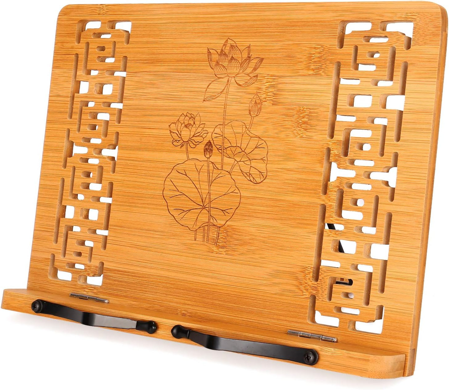 MEGREZ 독서용 책 스탠드 (33.5 x 23.9cm(13.25 x 9.4인치)) 주방용 대나무 요리책 스탠드 홀더, 태블릿/교과서 홀더/할로우 북레스트 스탠드, 연꽃 및 연꽃 잎용 조절 가능한 책 홀더 스탠드