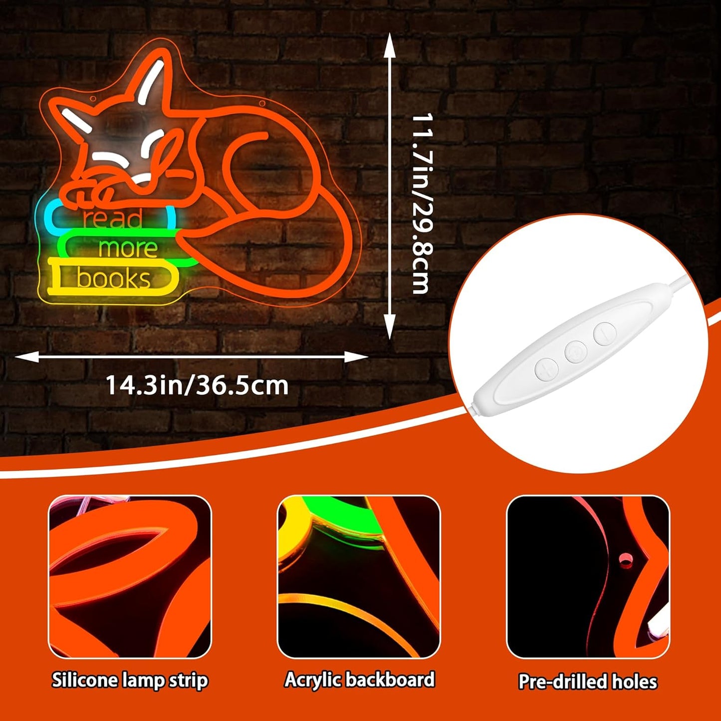 Read More Books Neon Sign for Wall Decor Read Book Neon Light for Classroom Reading Room Dimmable Reading Fox LED Sign for library Study Room Bedroom Party Birthday Gifts Size 14.3 * 11.7 In(TWP347)