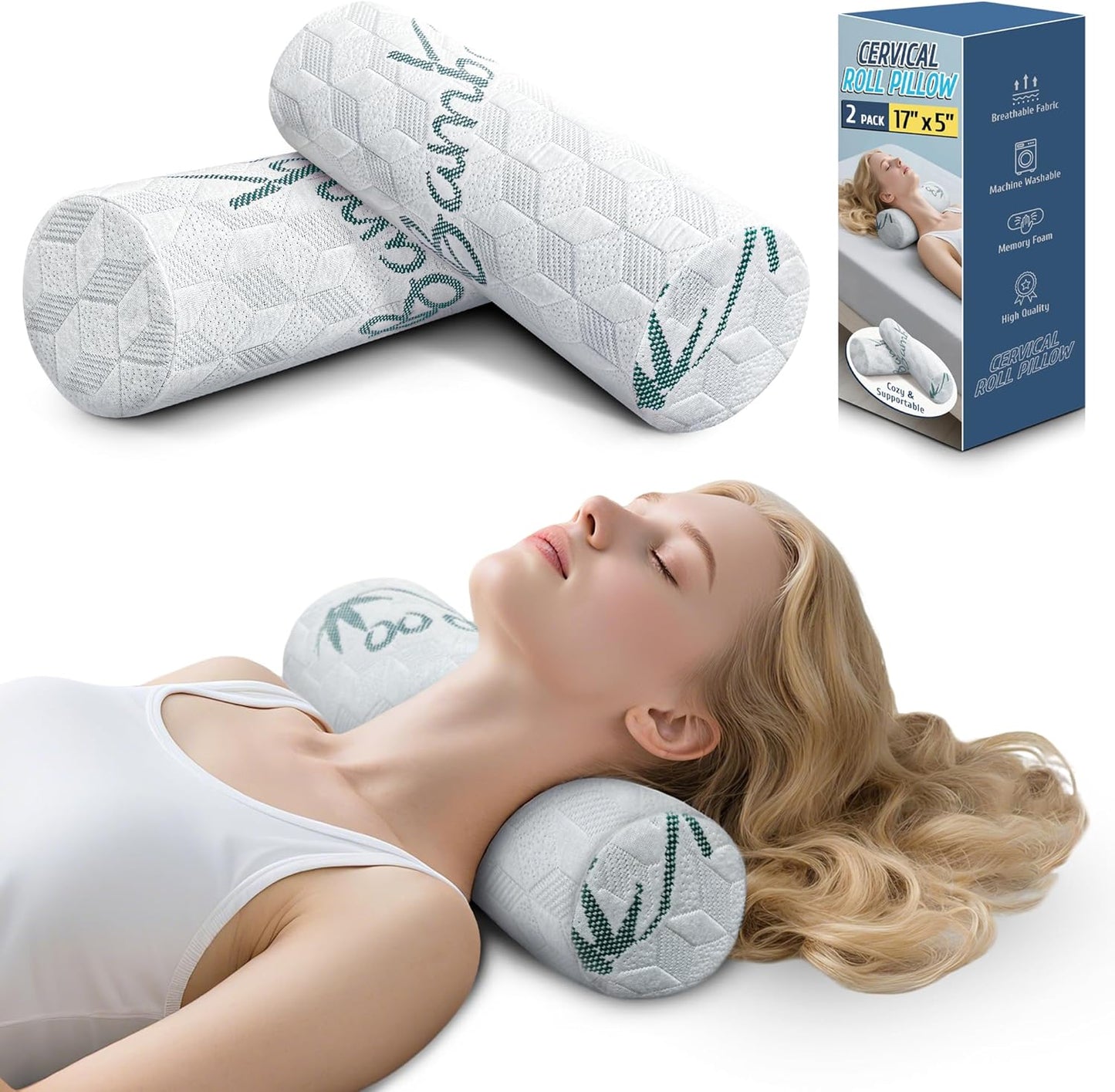 Cervical Roll Pillow, 2 Pack Round Bolster Pillow with Removable Washable Cover for Neck, Back, Leg, and Knee Support, 5" x 17"