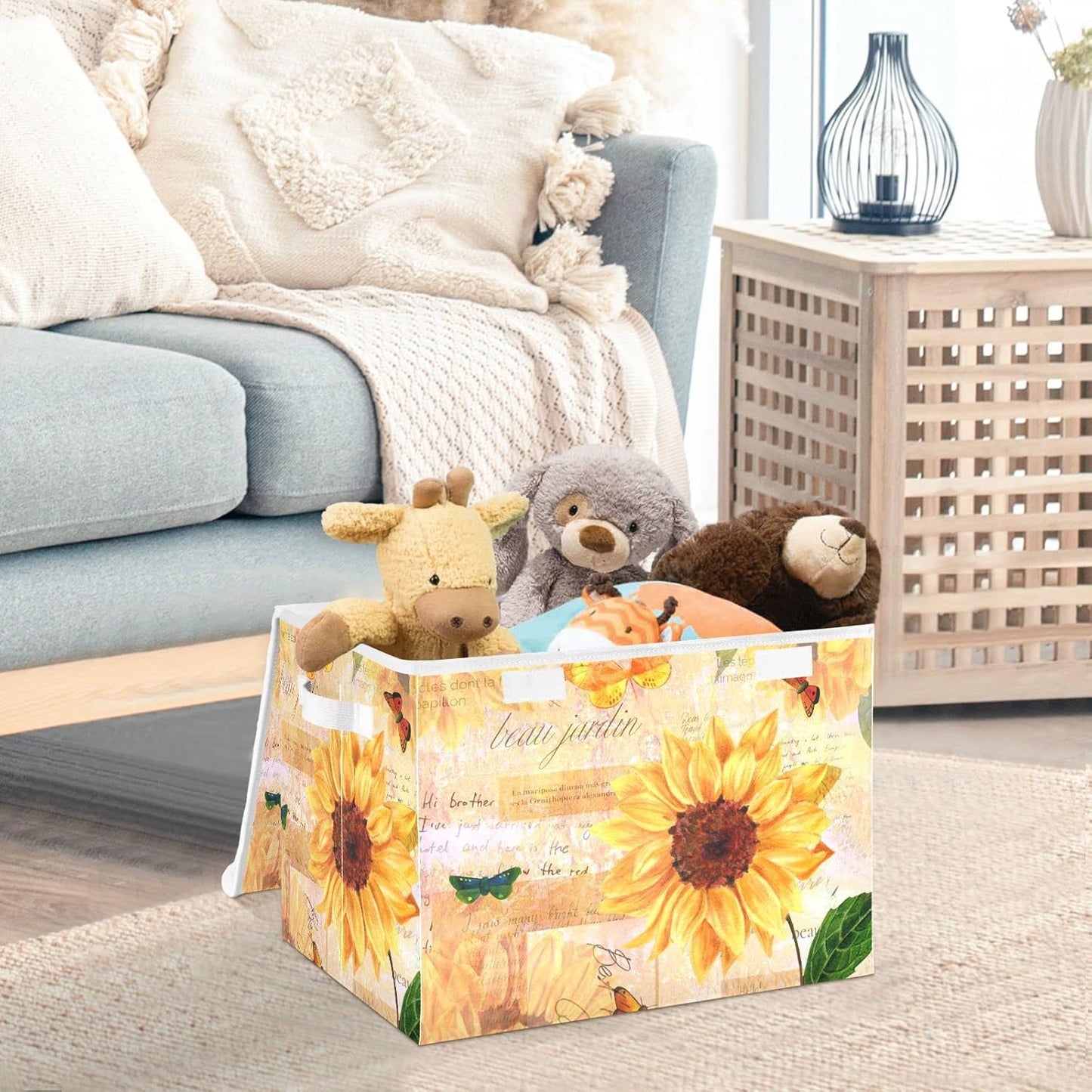 SUABO Vintage Sunflower and Butterfly Storage Bin with Lid Large Oxford Cloth Storage Boxes Foldable Home Cube Baskets Closet Organizers for Nursery Bedroom Office