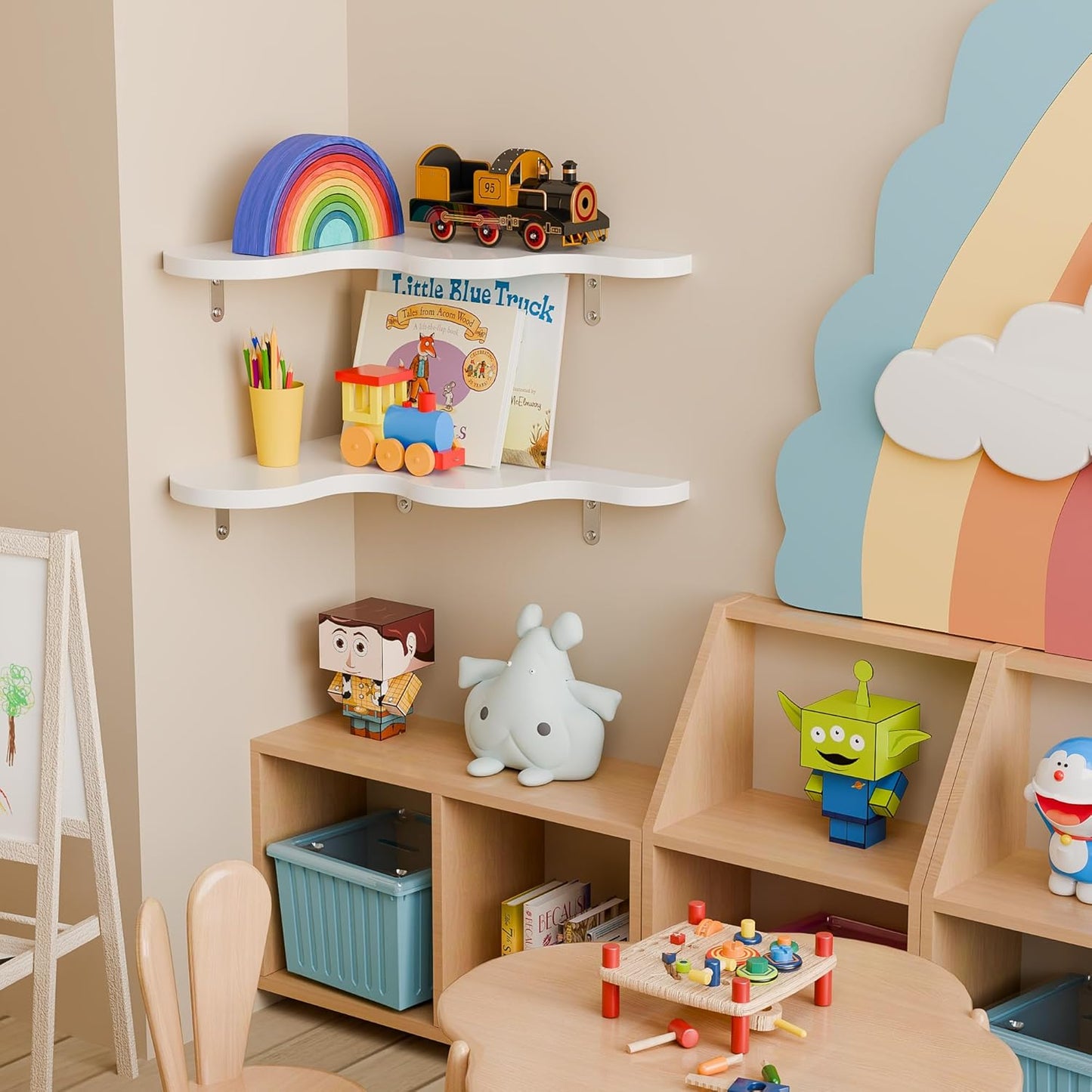 Cute Cloud Corner Shelves - Set of 2 White Wooden Floating Corner Shelves Wall Mounted, 90-Degree Space-Saving Nursery Shelves with Brackets, Kids Room Decor for Bedroom,Living Room,Bathroom