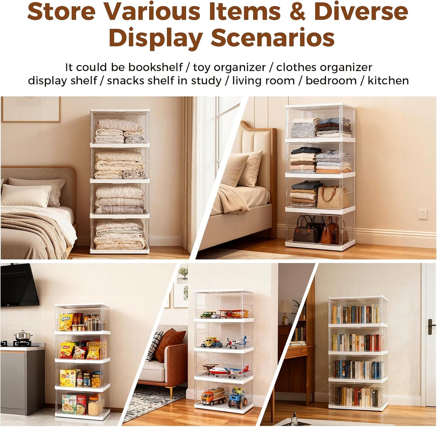 XOS 198QT Ultra Large Storage Bins Closet Organizer and Storage Foldable & Collapsible Containers Drawers Organizer Bookshelf Bookcase Cabinet Display Case 4-Tier Plastic with Lids for Bedroom