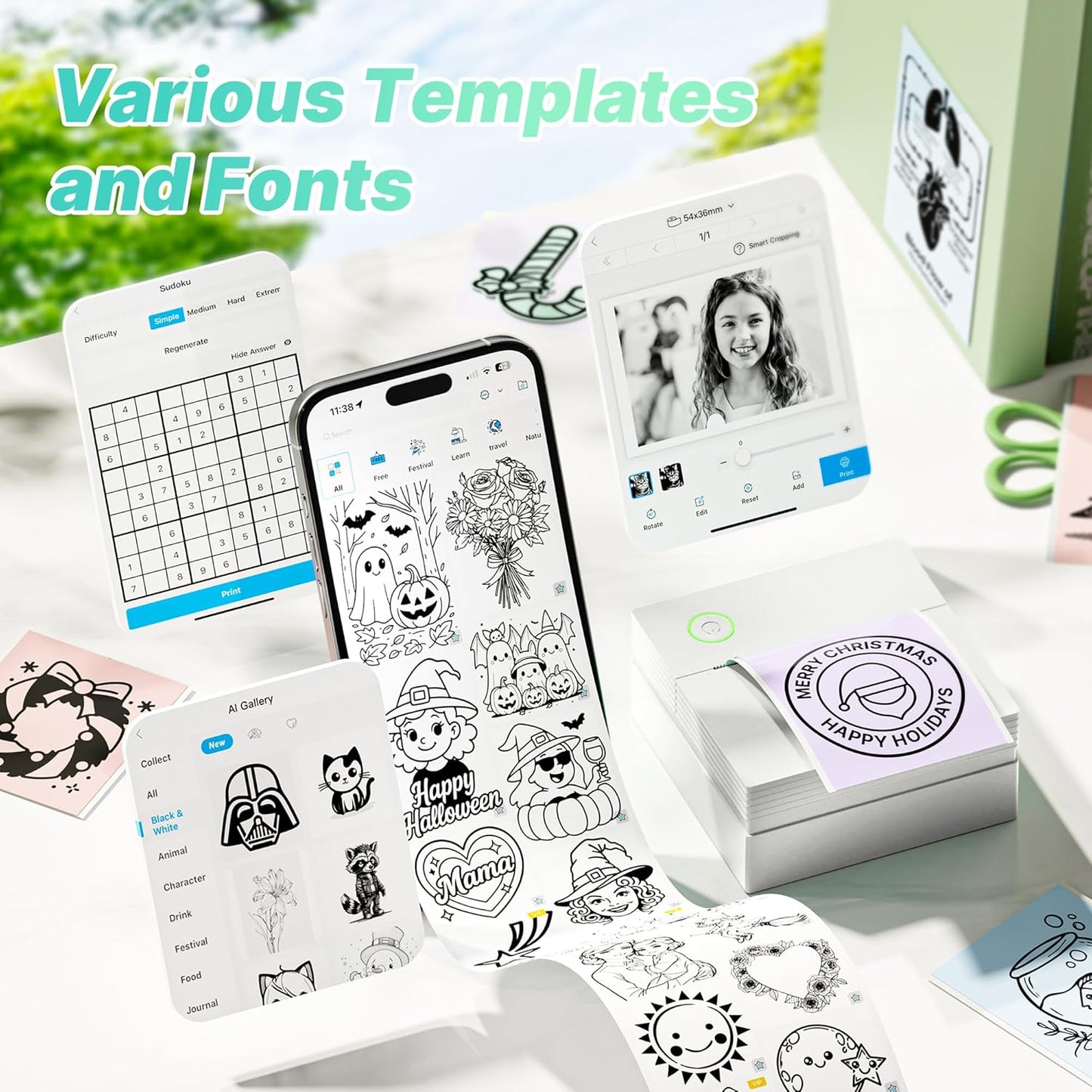 Sticker Printer, PM290 Mini Printer, Bluetooth Sticker Maker Machine with 3 Rolls Paper, Smart AI APP, Portable Print Pod for Study Note, List, Picture, DIY Gifts for School Office Home, White