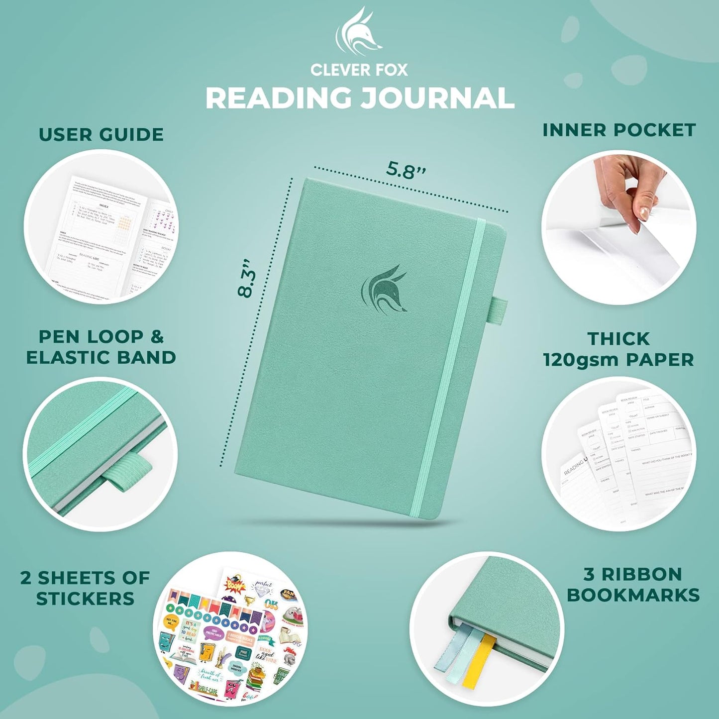 Clever Fox Reading Journal – Book Review Log – Gift Accessories for Reading Lover – Book Journal for Kids & Adults – A5, 5.8”x8.3” (Mint Cream)