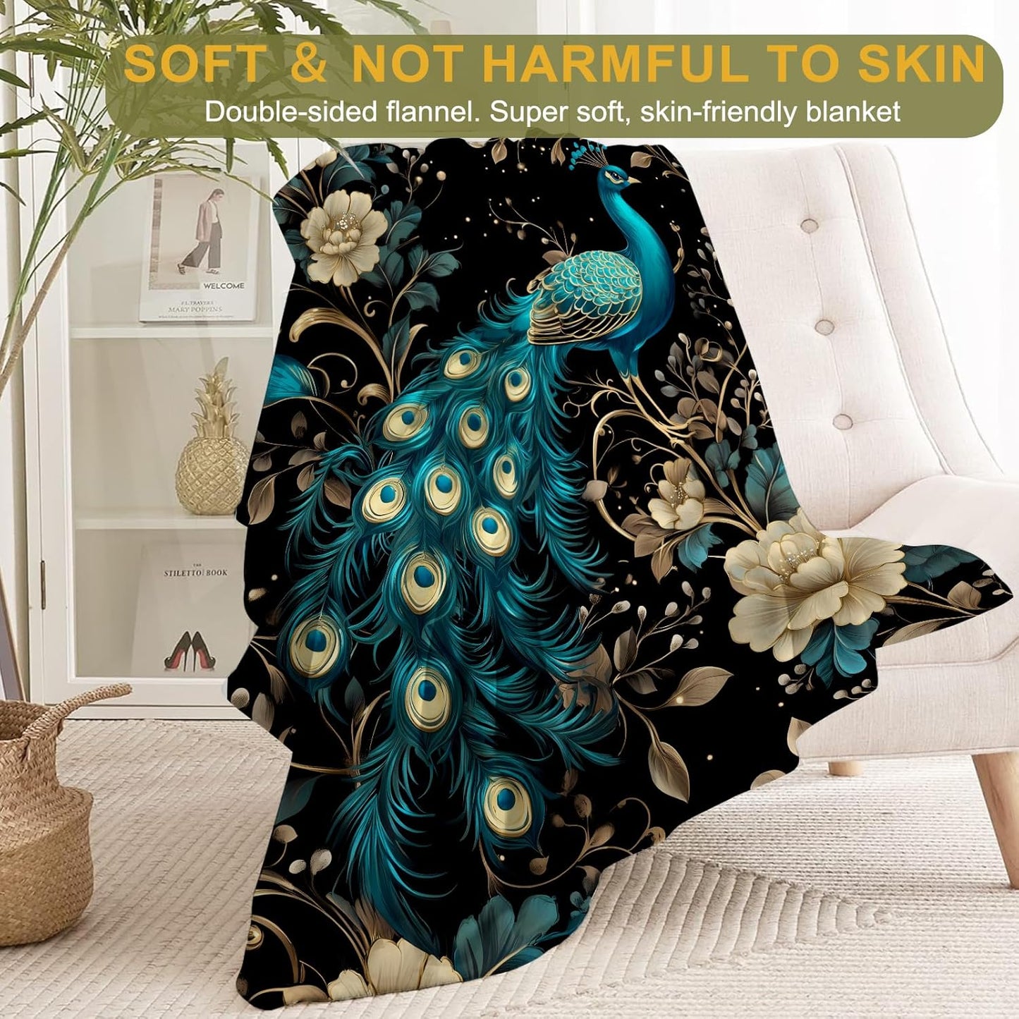 Elegant Peacock Flannel Blanket - Luxurious Floral with Majestic Bird and Golden Flower Throw - Soft Cozy Gifts Blankets for Kids Women & Nature Lovers, Country Decor, Artistic Accent 50x60in