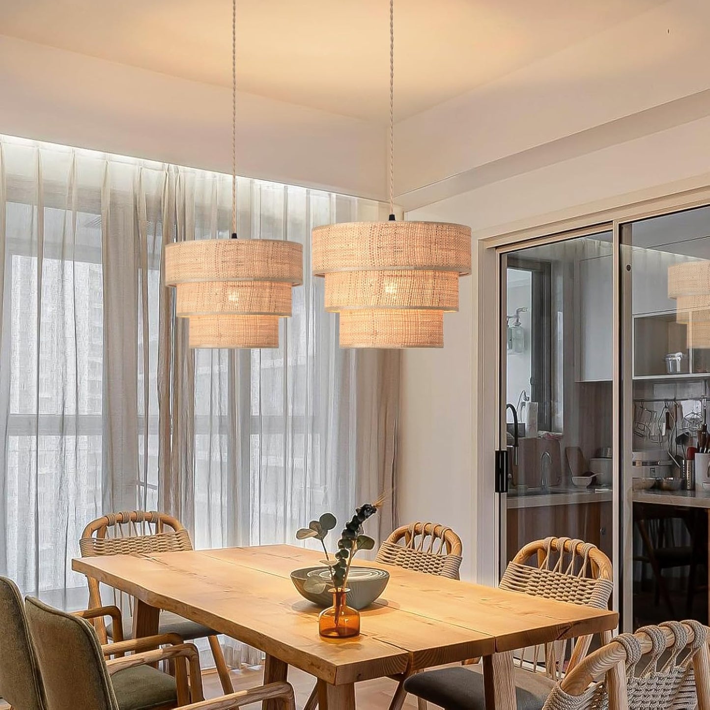 Rattan Plug in Pendant Light, 3 Tier Plug in Chandelier with Boho Wicker Lampshape Hanging Lamp, Hanging Lights with Plug in Cord for Living Room Bedroom Dinning Island,16.4ft Cord