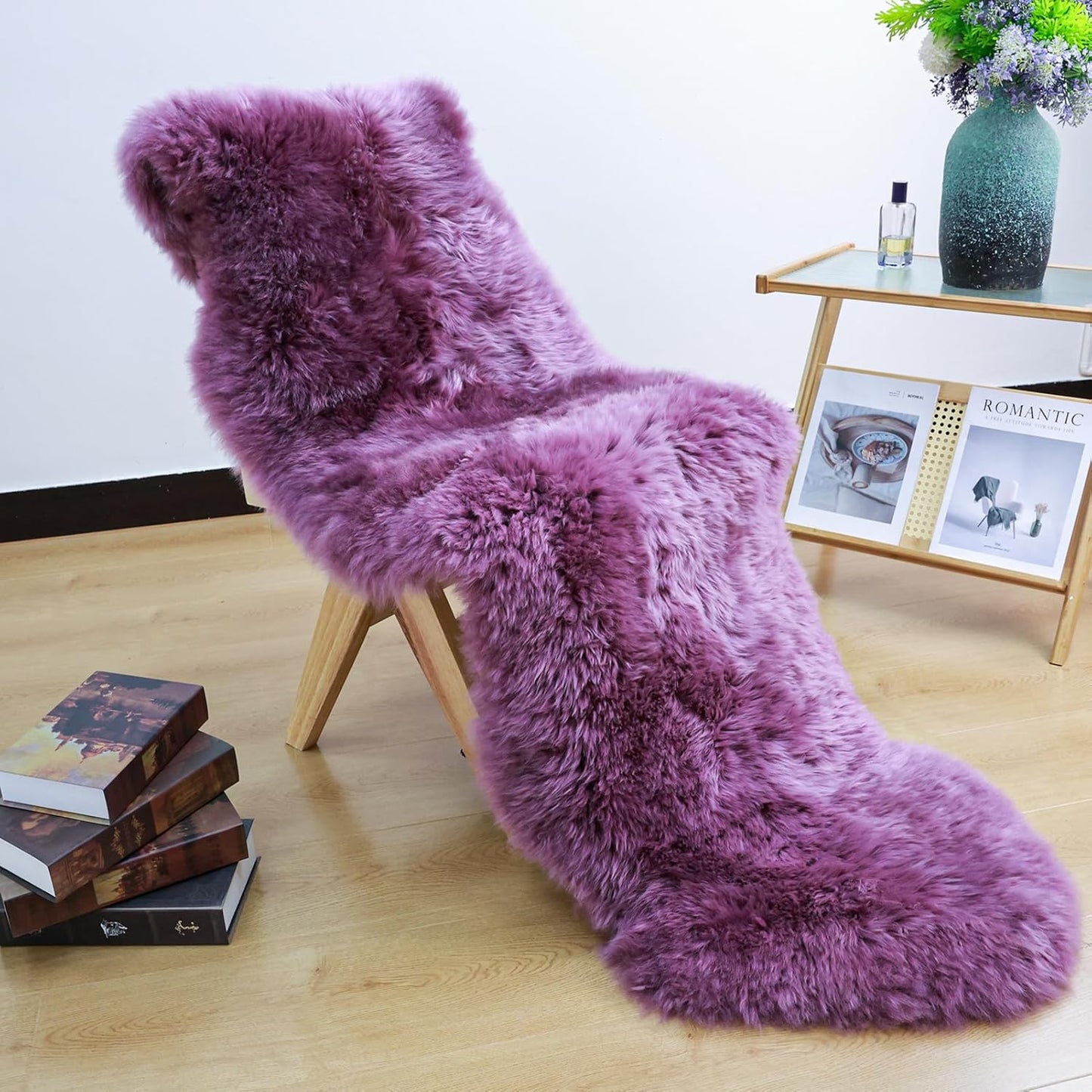 Genuine Sheepskin Rug, Shaggy Fur Fluffy Fuzzy Soft Area Rug for Bedroom Living Room Fur Wool Pray Throw Pup Area Cushion, Chair Sofa Seat Cover(Pansy Purple, Double Pelt/2FT*6FT)