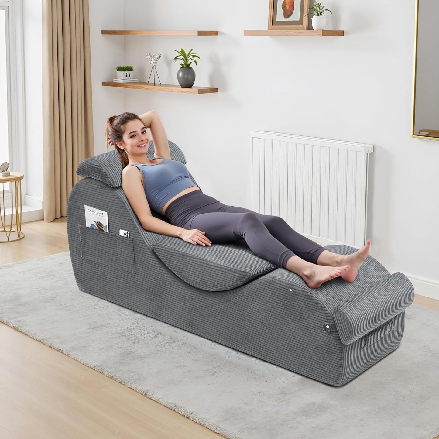Yoga Chairs for Adults, Ergonomic Chaise Lounge Chair Indoor with Side Pocket, Lumbar Pillow, Ottoman, Yoga Chair Perfect for Stretching, Relaxation, Exercise, Used in Bedroom, Living Room（Dark Gray）