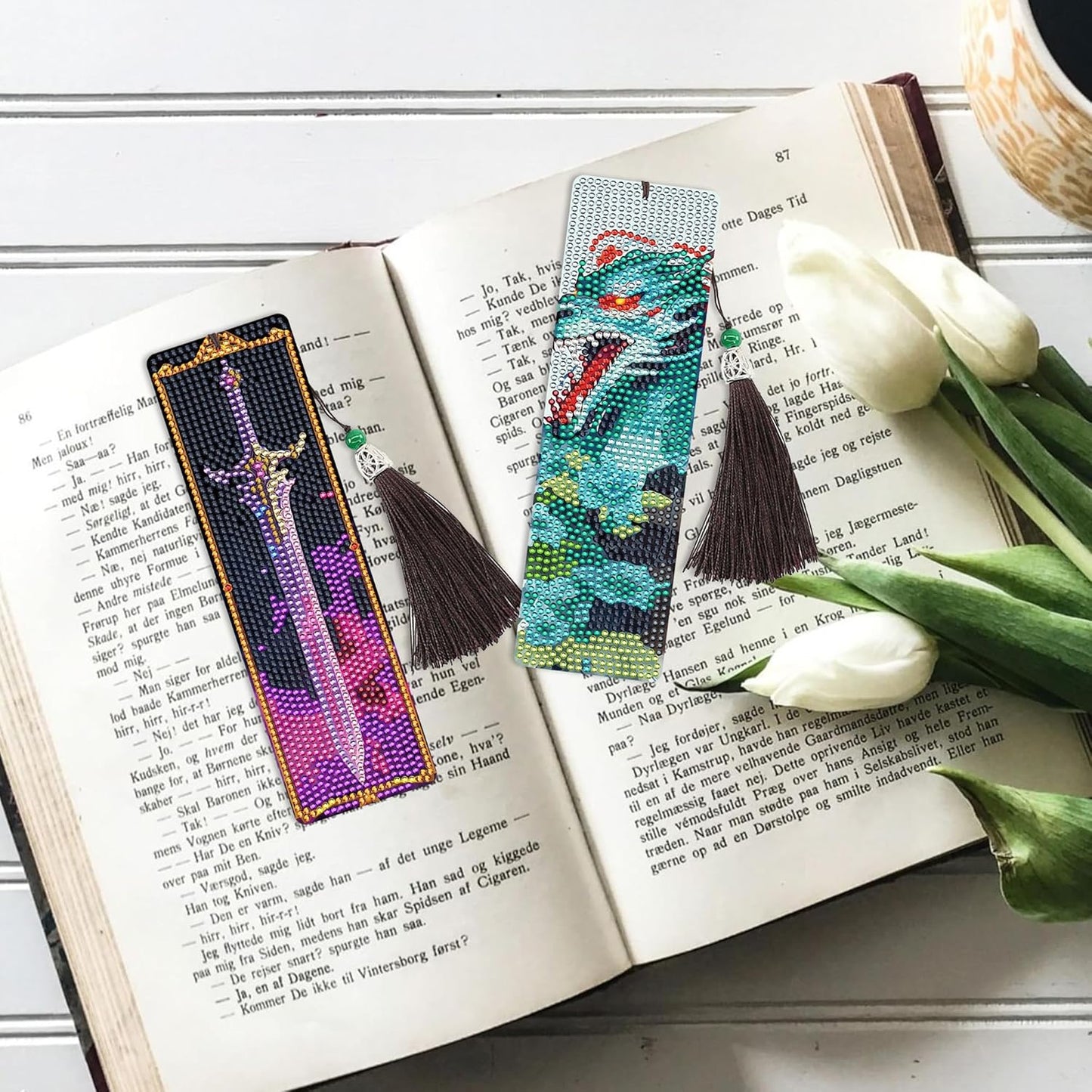 8 Pcs Dragon Sword Diamond Art Bookmarks Kit, Fantasy Diamond Painting Book Marks Kit with Tassels for Adults Beginners, DIY Bookmark Making Kit for Reading Men Boys Boook Lovers, Bookish Gifts