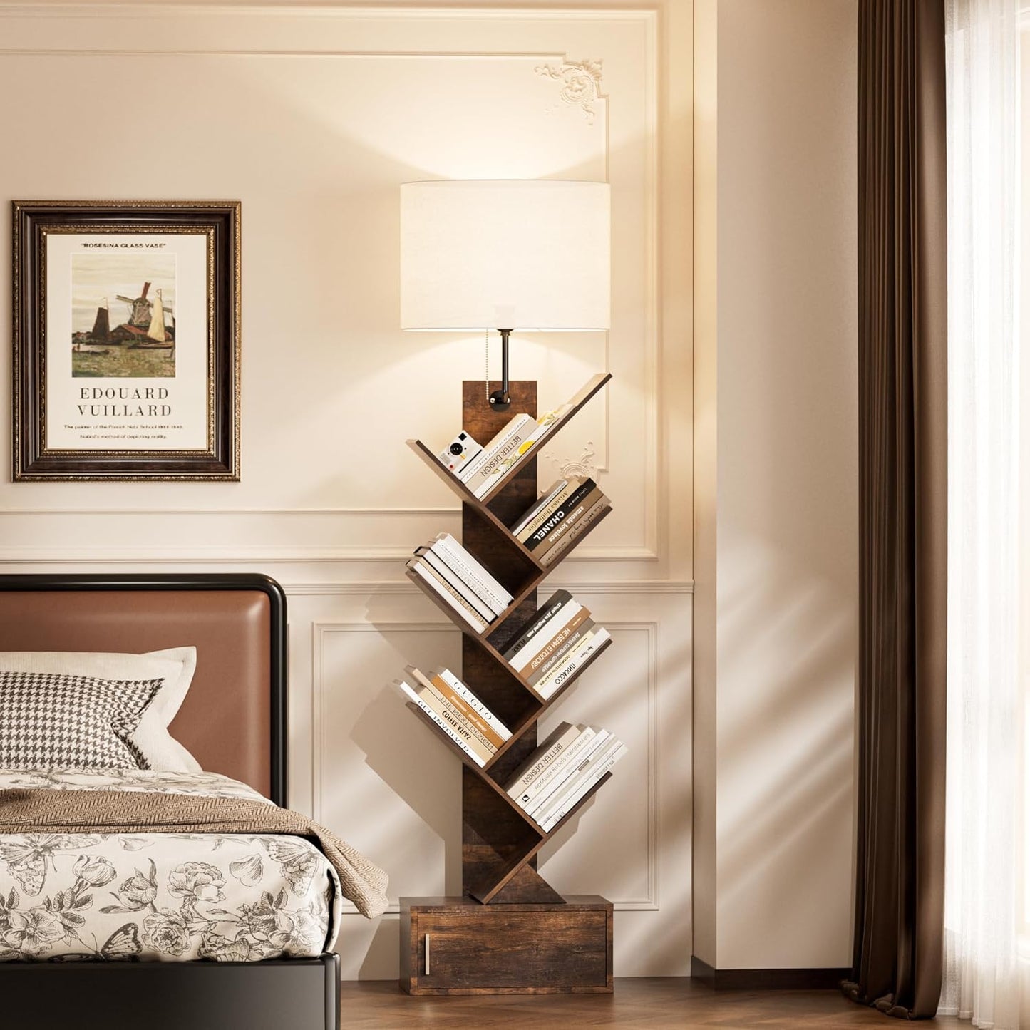 Tree Bookshelf with Light, 6 Tier Narrow Bookcase with Storage Cabinet, Tall Corner Book Shelf for Small Spaces, Vertical Floor Standing Organizer for Bedroom Living Room Home Office, Rustic Brown