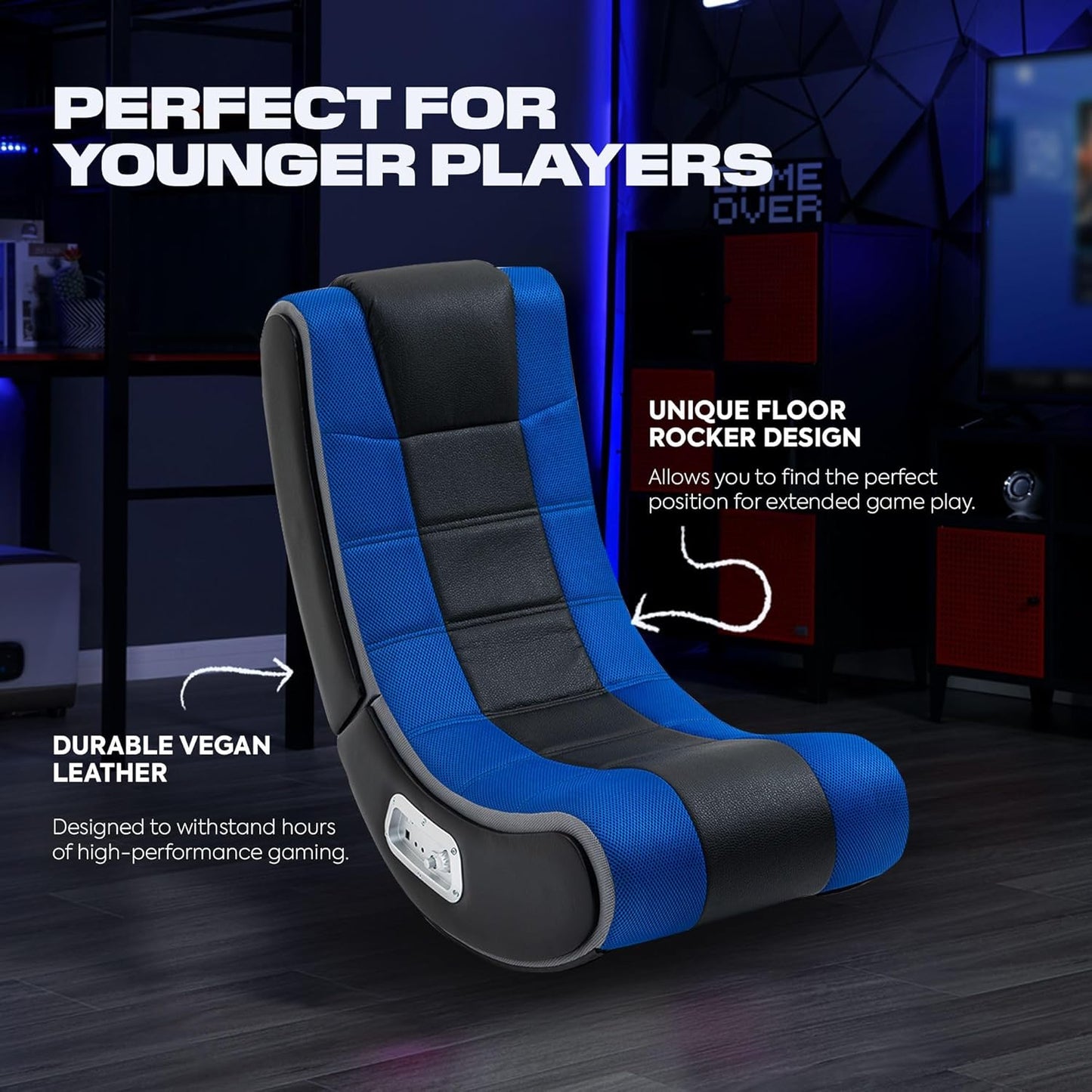 X Rocker SE Video Gaming Chair with 2 Headrest Audio Speakers, Foldable Floor Rocker with Wireless Bluetooth or Wired Connection, 200 lbs Max, Blue Black Gray