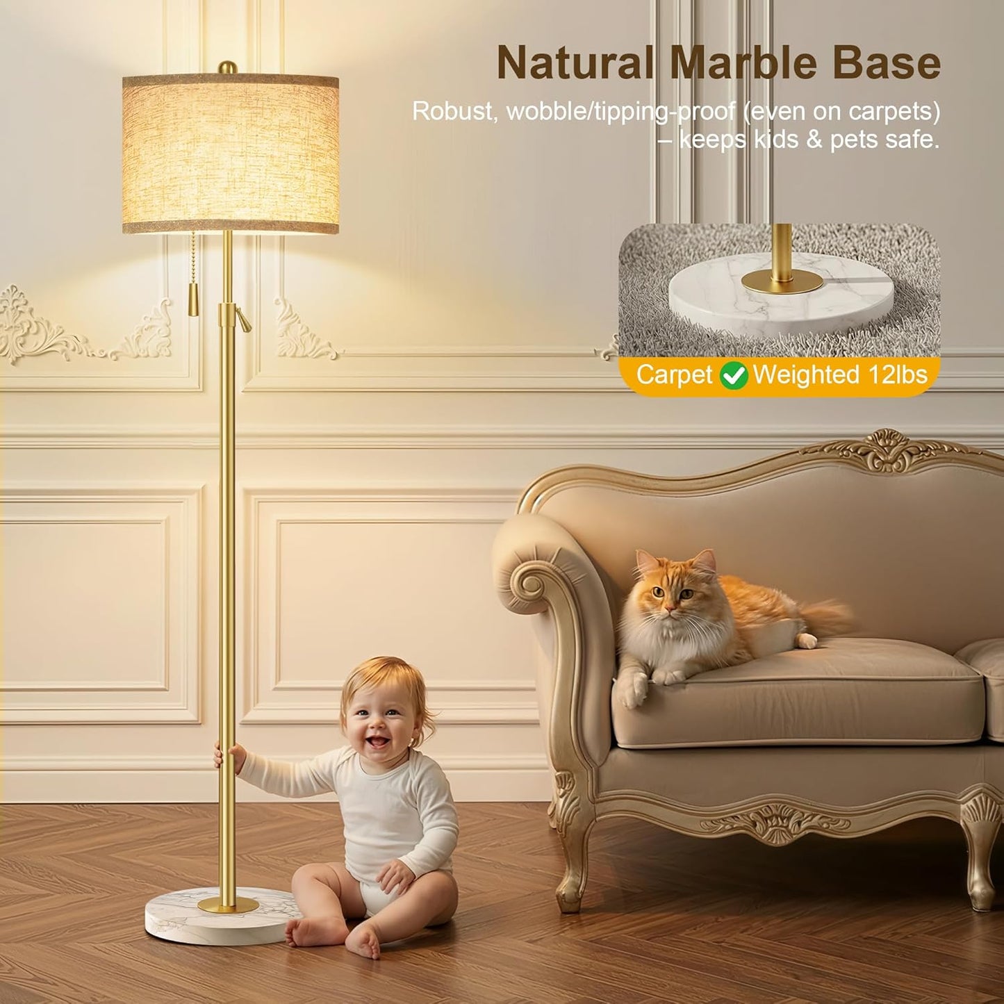 Modern Gold Floor Lamp for Living Room - Adjustable Height Standing Lamp with Marble Base & Linen Shade, 3-Way Dimmable Tall Floor Light for Bedroom, Reading, Bulb Included