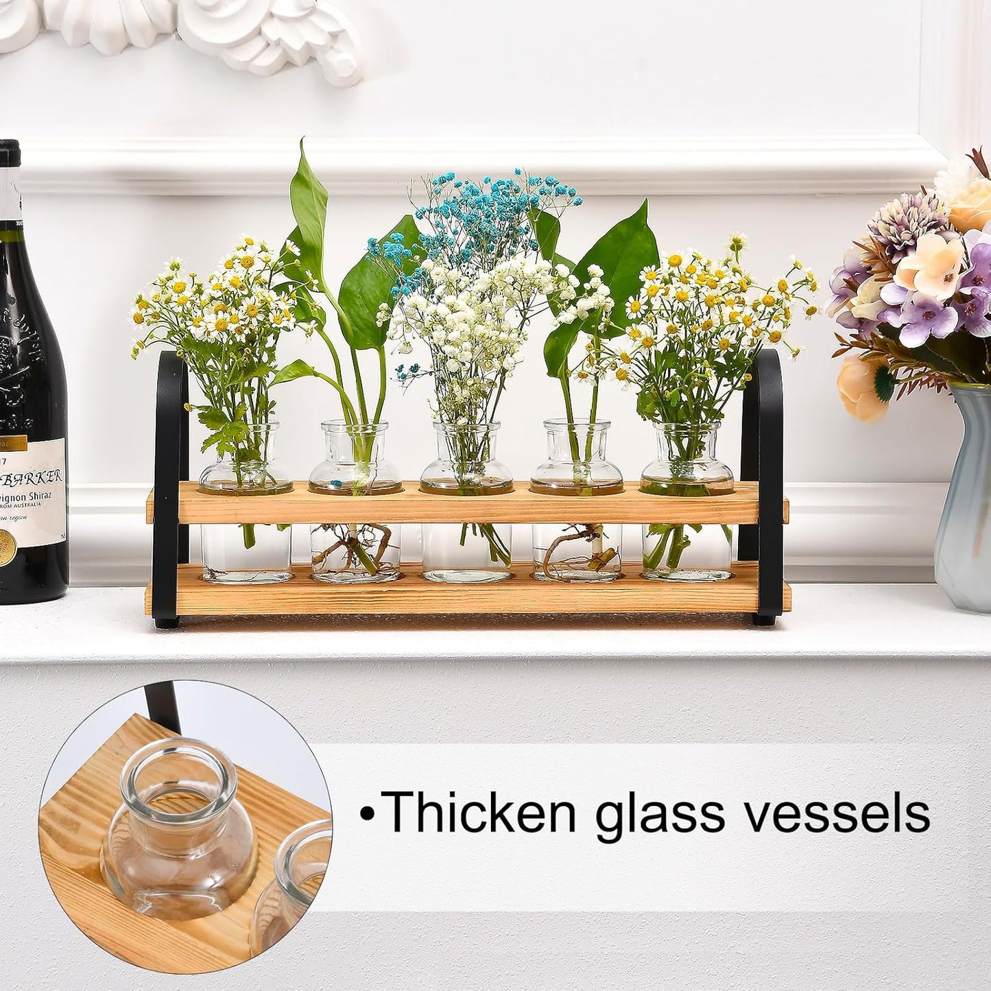 Plant Propagation Station with Wood Stand, Desktop Terrarium for Hydroponic, Flower Vase for Home, Kitchen, Office Decor, Plants Lover Gifts