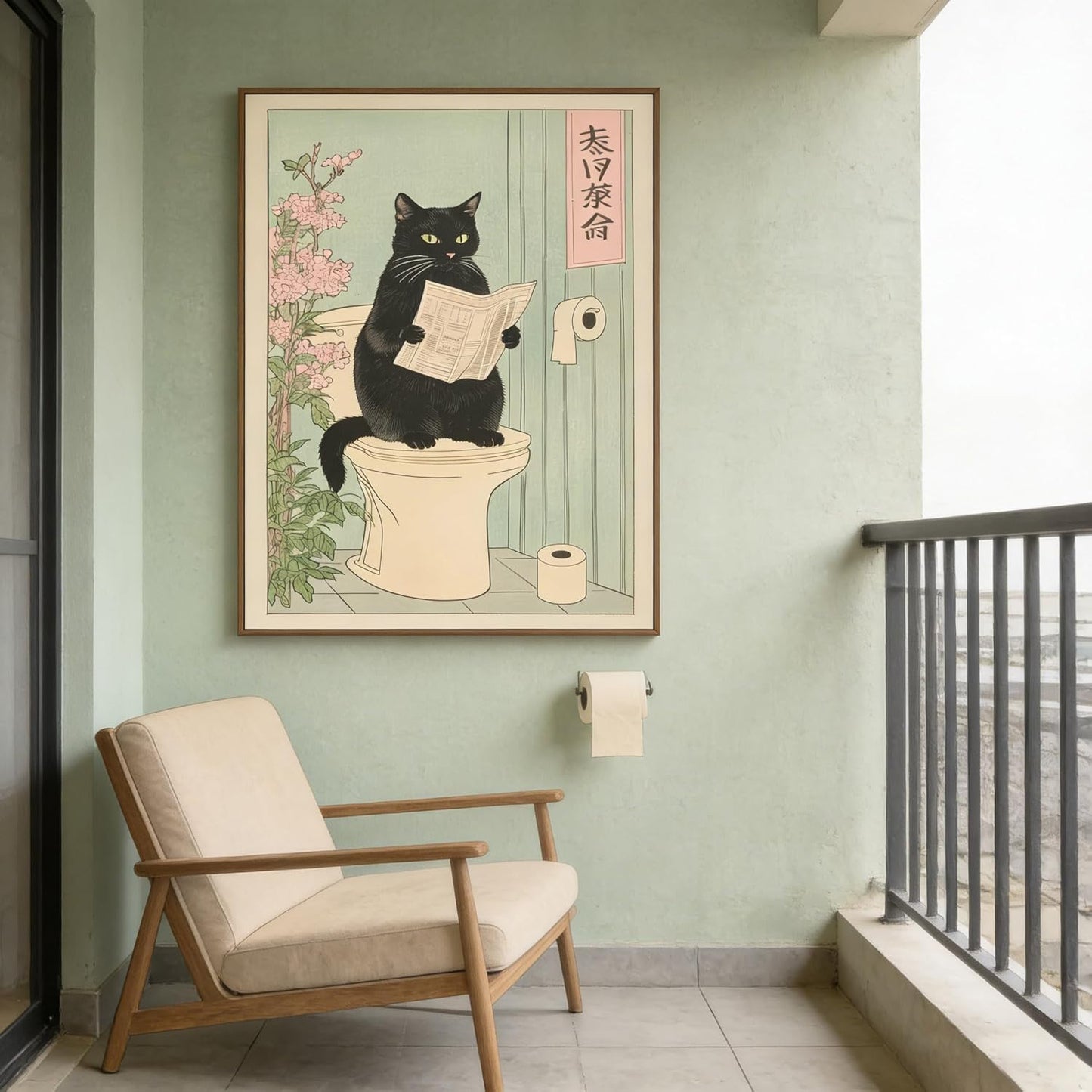 Paivovi Framed Japanese black cat on toilet Canvas Wall Art Funny bathroom print Toilet poster Japanese Cat Wall Decor Pictures Aesthetic Minimalism Artwork Neutral Painting Home Decoration,12x16in