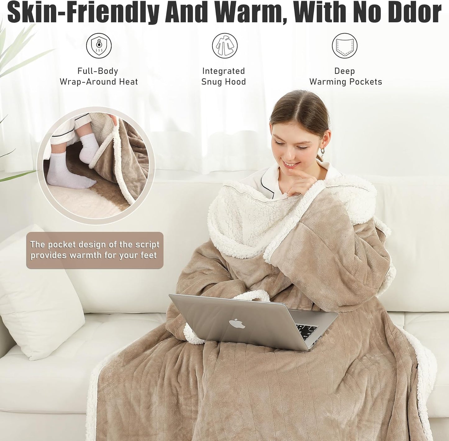 Electric Snuggle Throw Blankets with Foot Pocket, Wearable Heated Throw with Sleeves & Hood, 6 Heat Levels & 1-4H Timer, Full Body Warmth, The Perfect Warming Gift for Women & Men, Camel
