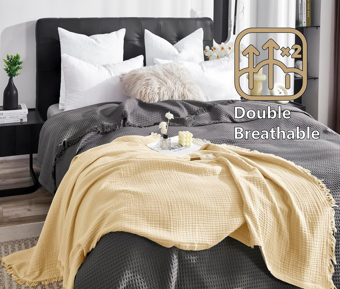 KyraHome Muslin Blankets for Adults Kids 60"x80",100% Organic Cotton Plant Dyed, Lightweight Breathable Gauze Cotton Throw Blanket for Couch, All Season (Shortbread/Creamy)
