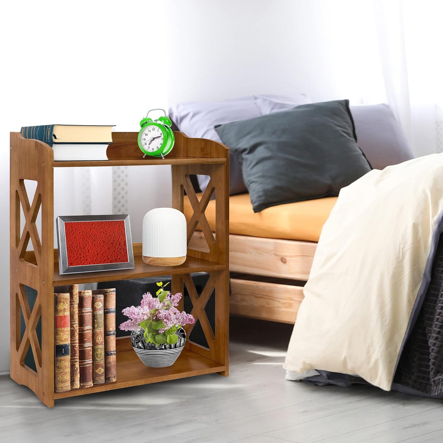 Brown Bookcase by Natural Wood, 4 Tier Bookshelf, Small Book Shelves Freestanding Display Storage Shelves. Open Bookshelf for Bedroom, Living Room and Office (Brown, 3 Tier)