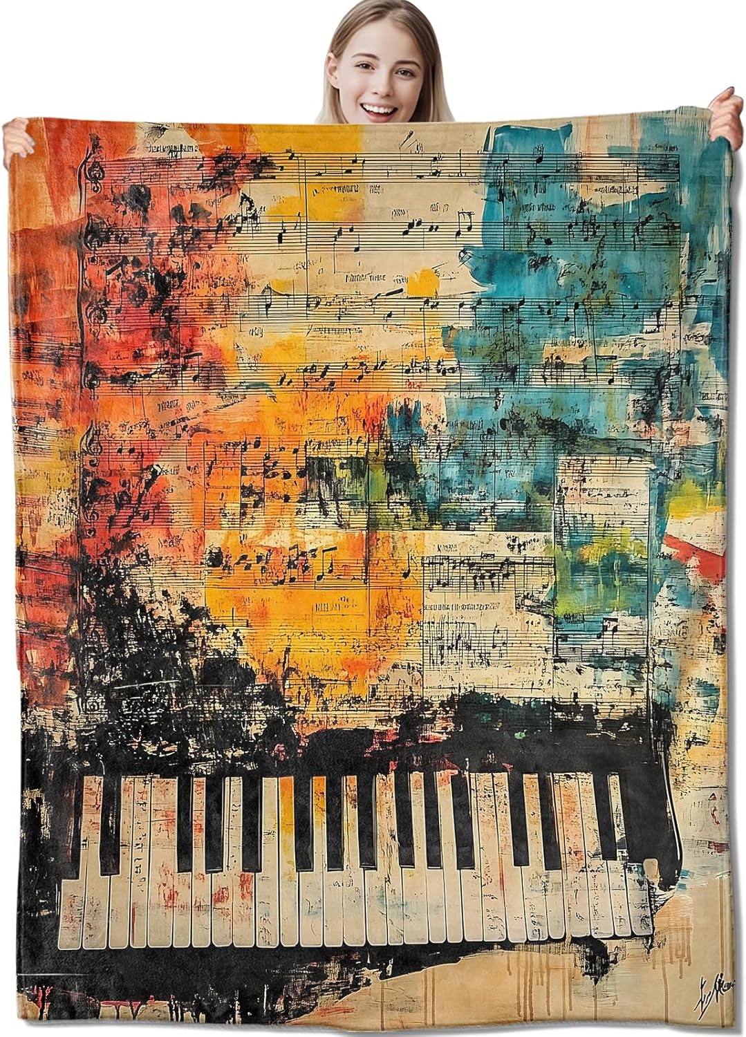 Abstract Piano Flannel Throw Blanket 50x60 Inch, Colorful Sheet Music and Keyboard Art Design Blankets Soft Cozy Fleece Throws for Musical Lover Bed Sofa Dorm Living Room Decor Gifts