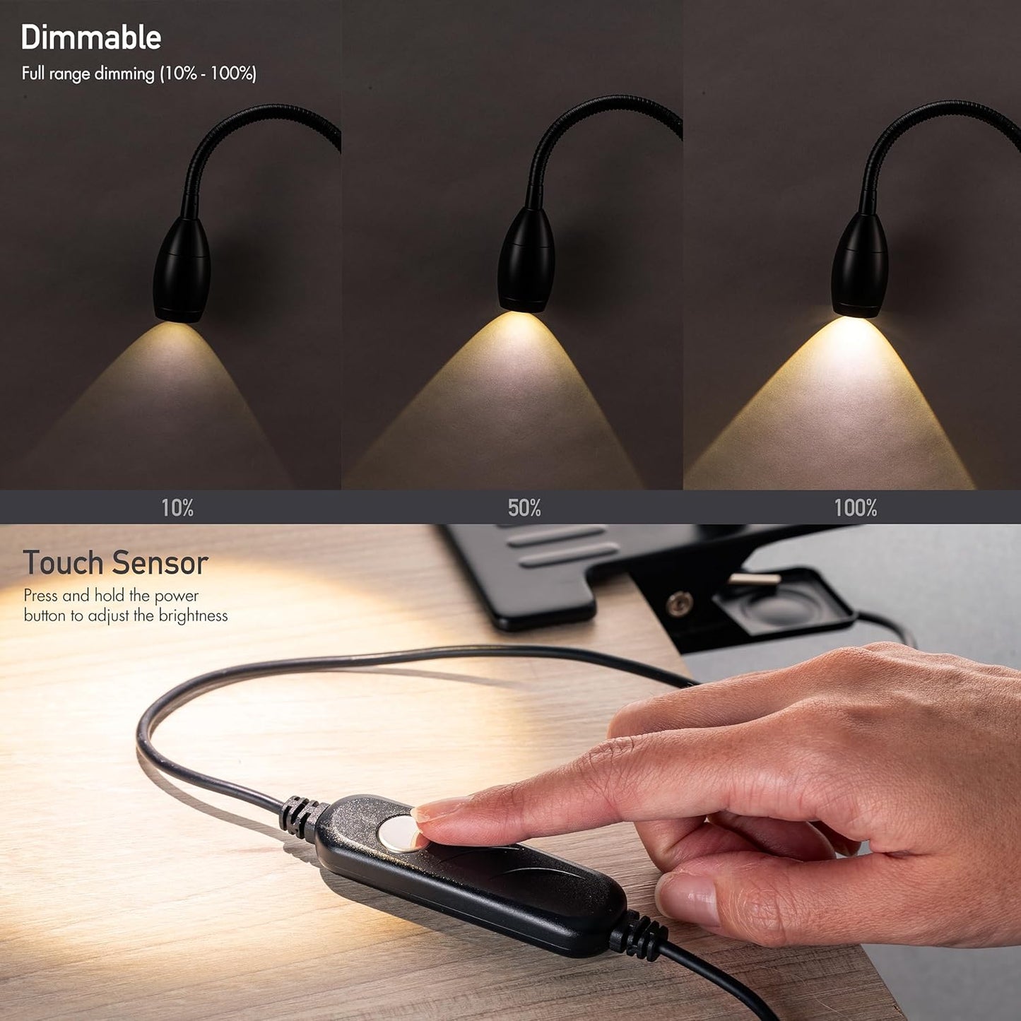 O'Bright Lumos - Versatile Clip-on Lamp: Zoomable Spotlight, Dimmable LED, Flexible Gooseneck, 4000K Light, 100% Metal Clamp - Ideal for Reading, Crafting, Work, and Headboards, Black