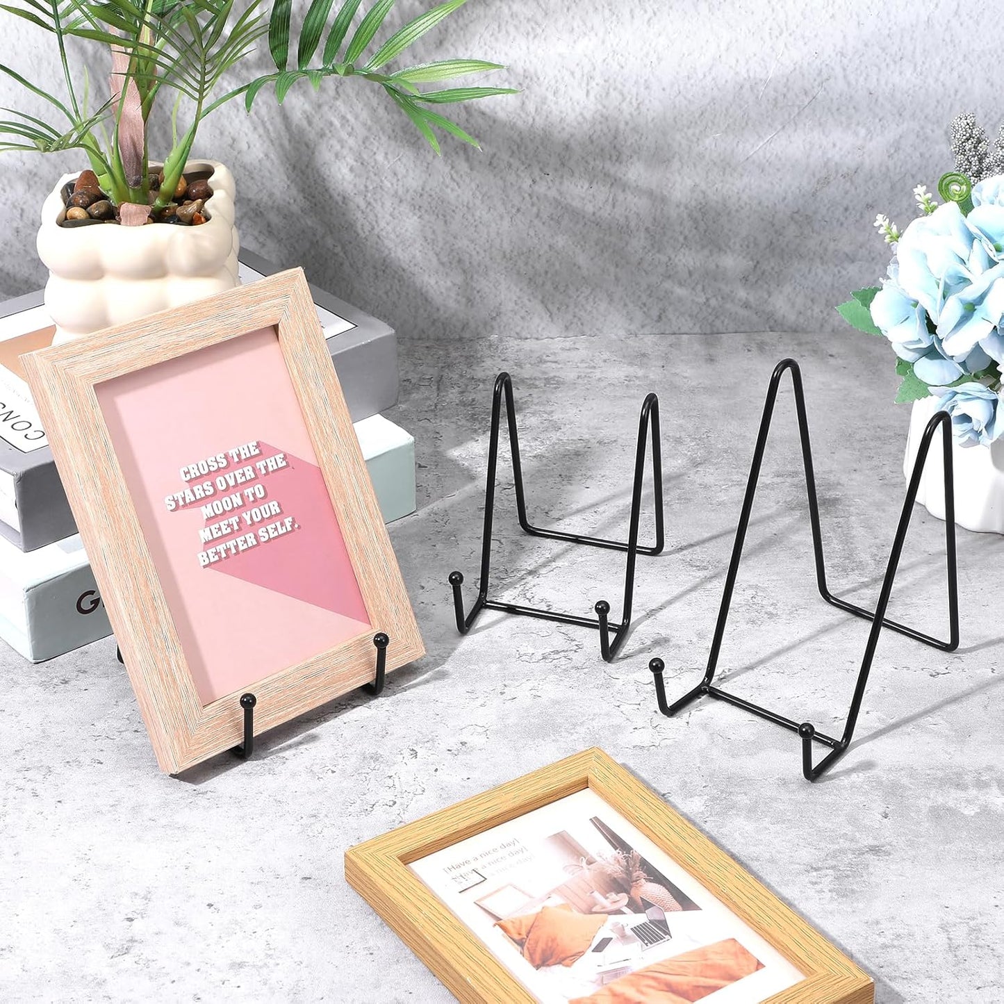 16 Pack Plate Stands for Display, Metal Picture Frame Holders & Easel Stands for Books, Photos, Decorative Plates, and Art - 4" & 6" Sizes, Black (8 of Each)