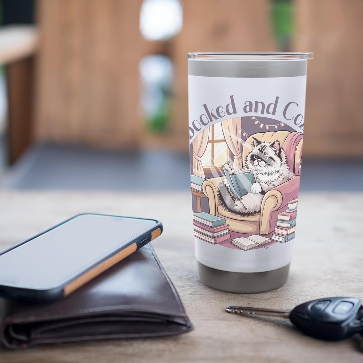 Booked and Cozy Cat Reading Bookworm Feline Reader Stainless Steel Insulated Tumbler