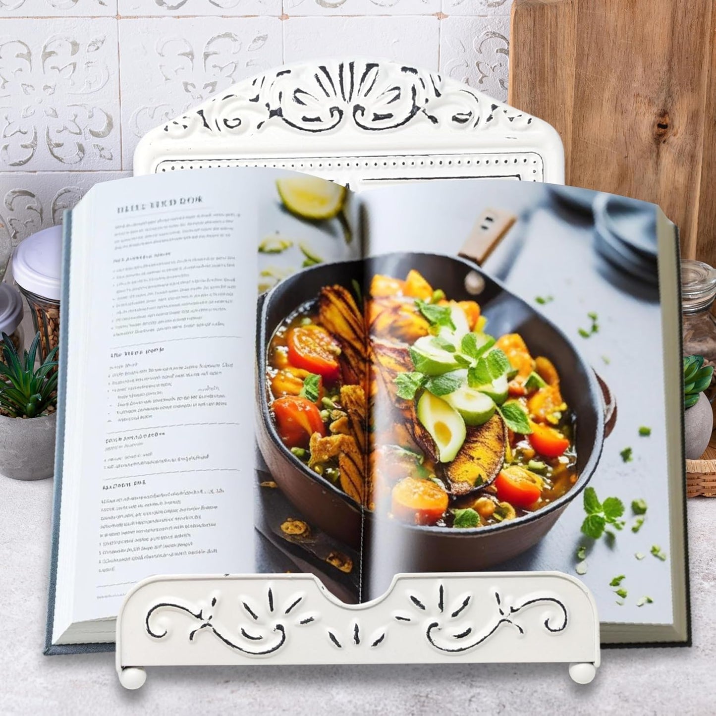 Metal Recipe Book Stand – White Ornate Cookbook Holder with Floral Design – Distressed Vintage-Style Decorative Easel for Kitchen, Farmhouse Decor, Counter Display – Great Gift for Moms & Cooks