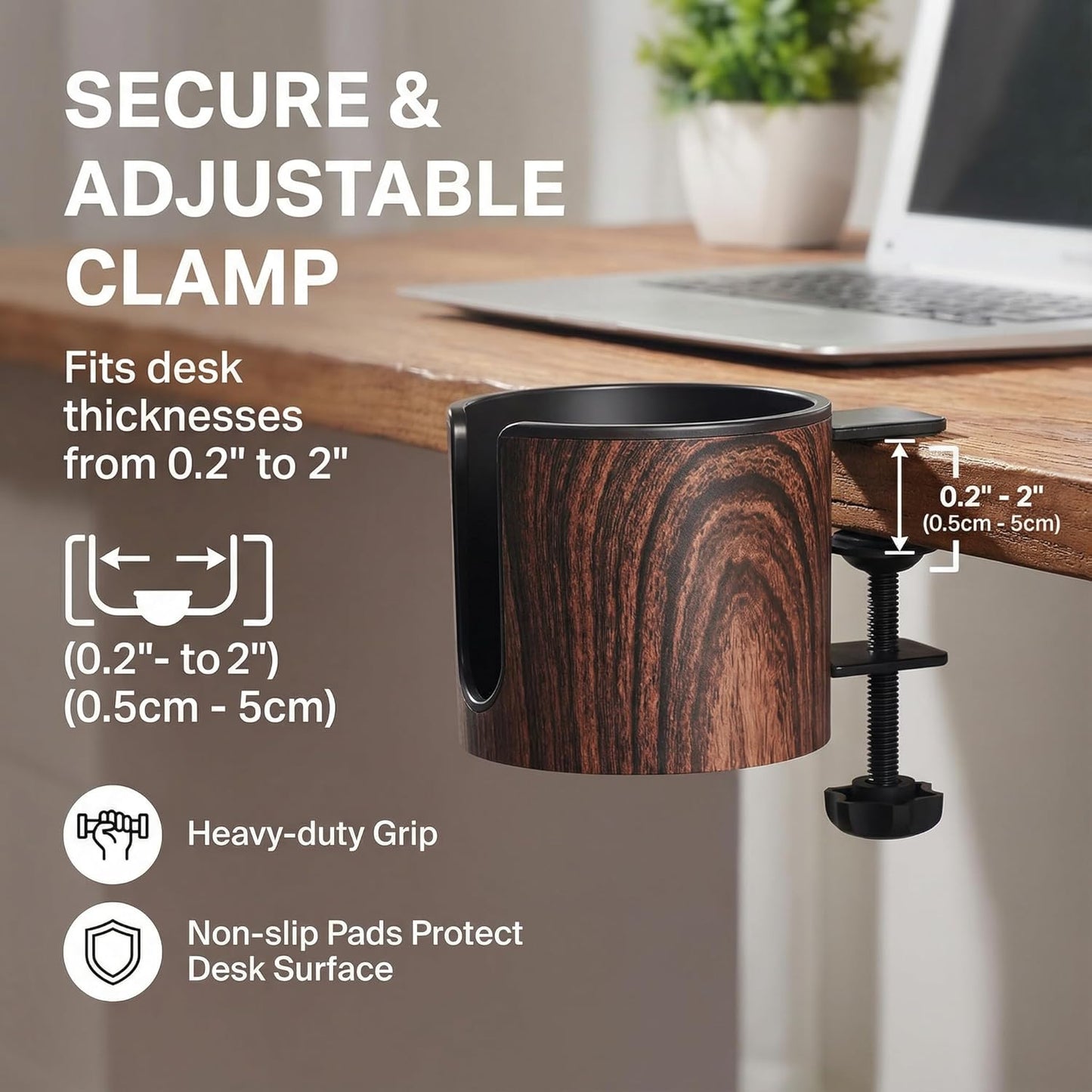 Luxury 2pcs Desk Cup Holder, Tool-Free Clamp On Desk Cup Holder, Fits 40oz Tumbler Holder & 0.2-2in Thick Desks, Anti-Spill for Office, Home, Gaming (2PCS Walnut Design)