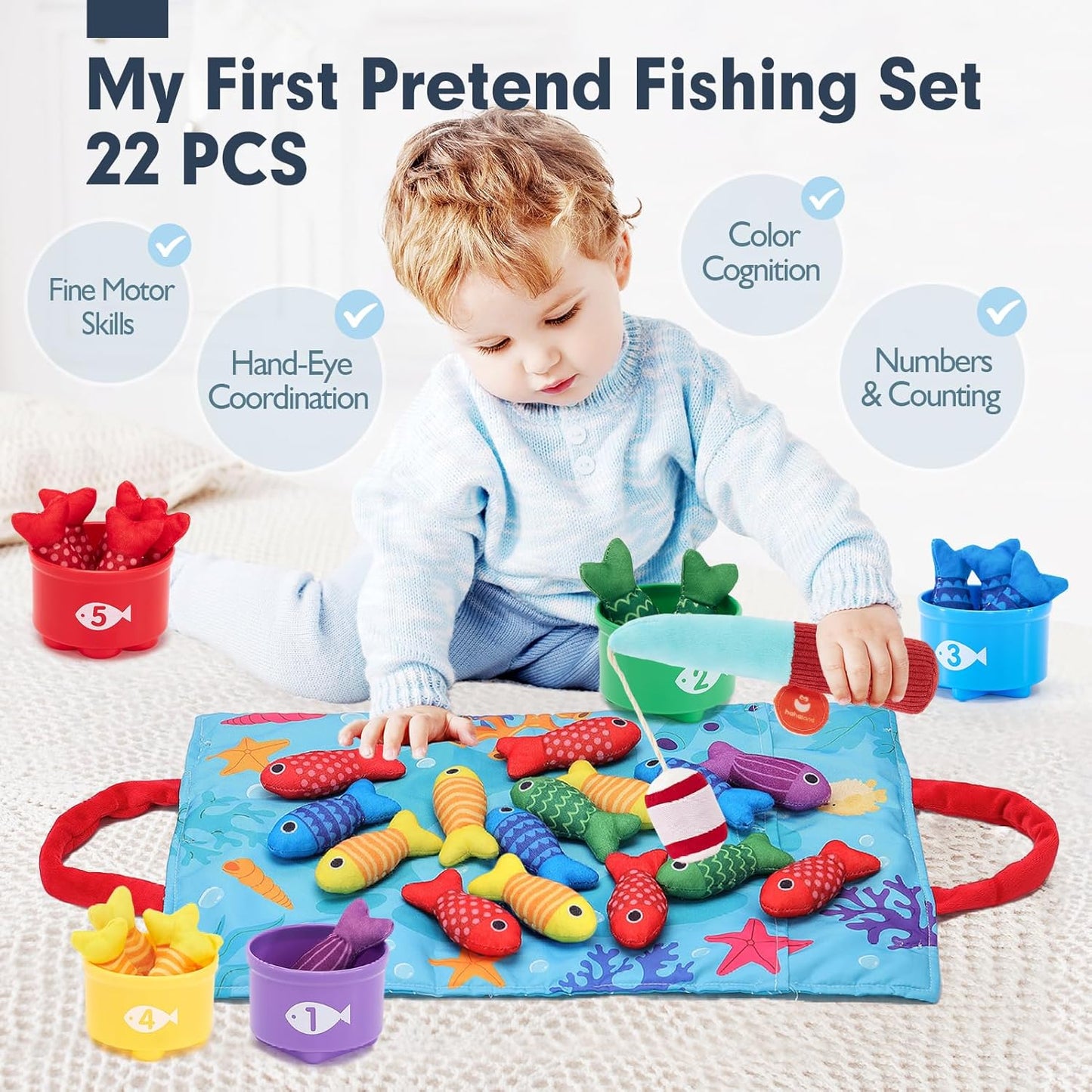 hahaland Montessori Toys for 1 Year Old Boy Girl Birthday Gift - 10 in 1 Cloth Fishing Game Easter Basket Stuffers for Toddler Toys 1-3 with Stacking Cups - Number Counting, Color Sorting Learning