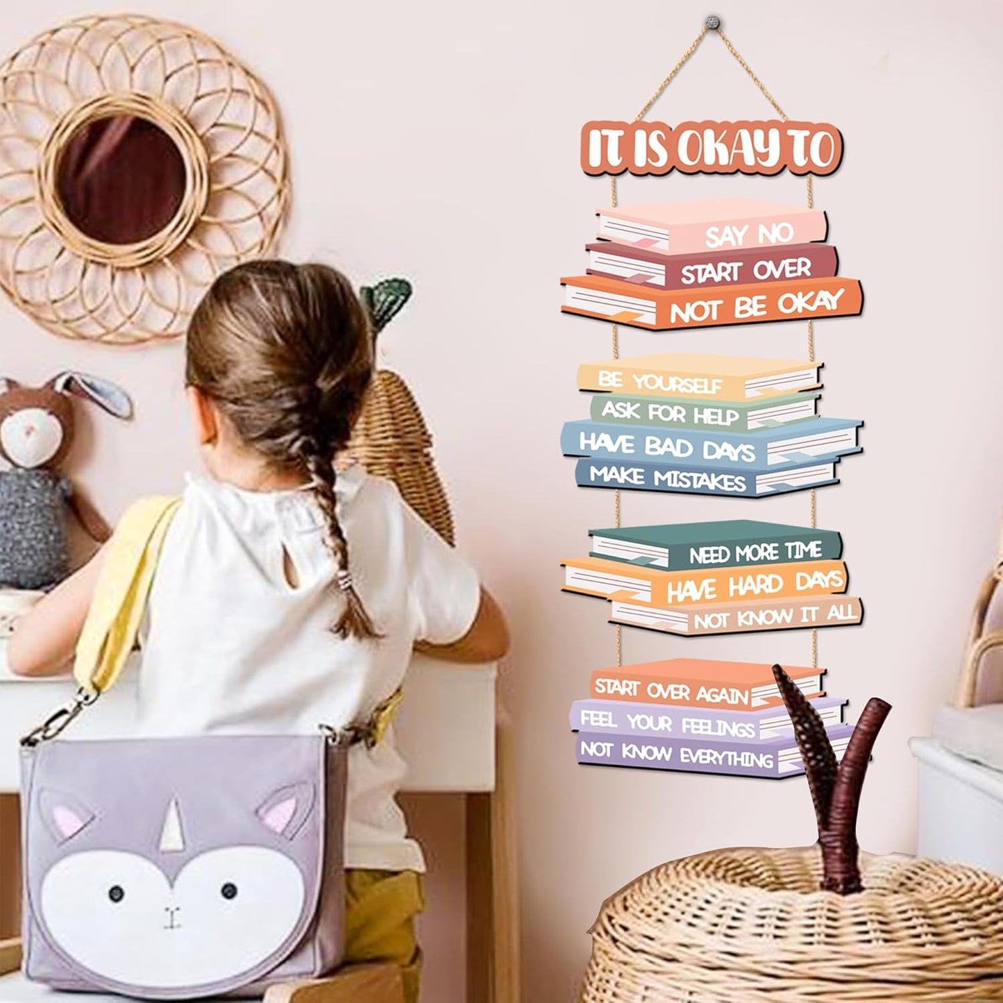 5 PCS Wooden Kids Inspirational Wall Art Sign It is Okay to Wall Decor for Boys Girls Bedroom Boho Nursery Hanging Plaque Motivational Quotes Signs Decor for Classroom Playroom Toddler Room Supplies