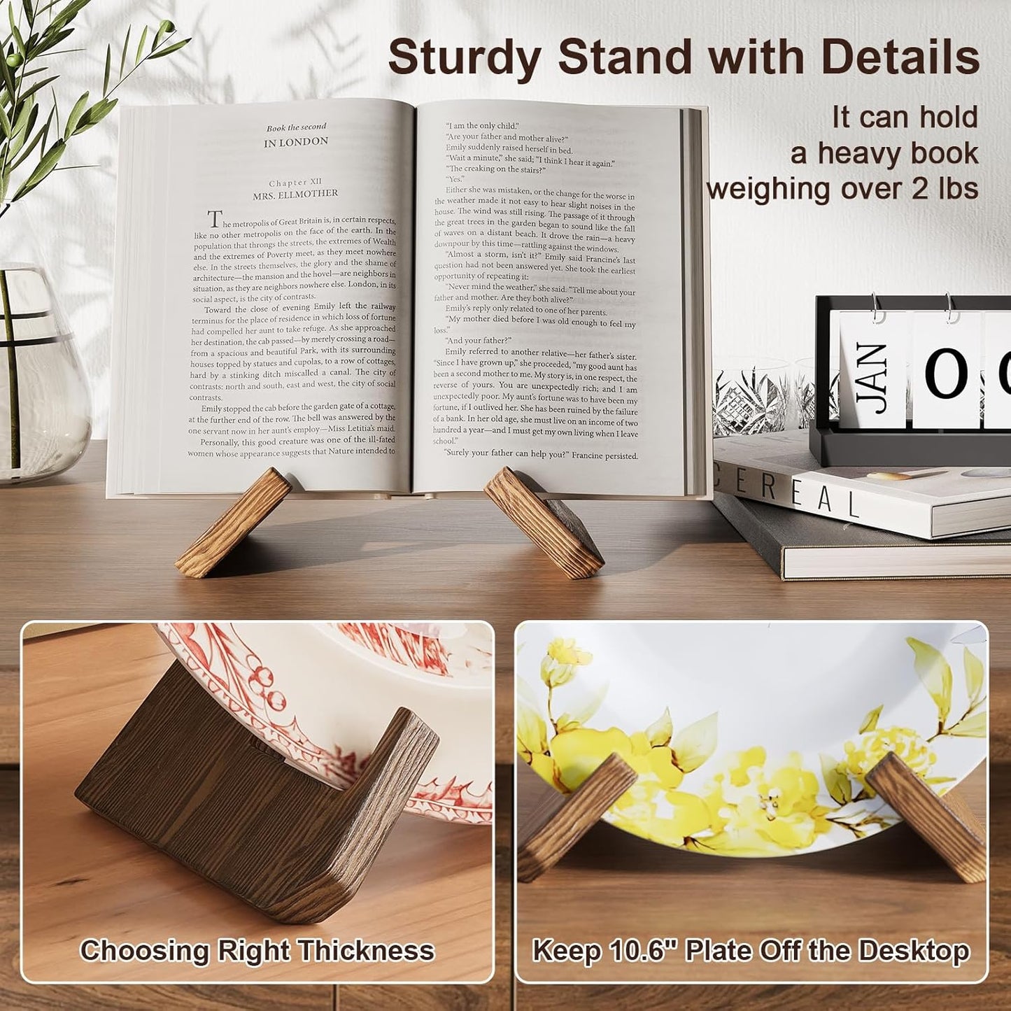 Wooden Plate Stands for Display, Wood Plate Holders for Displaying, Decorative Picture Frame Stand, Easel for Sign, Cookbook, Now Playing Vinyl Record, Recipe Book Holder for Photo, Plaque, Platter
