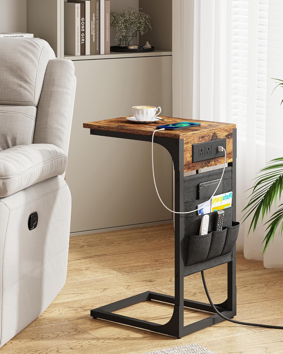 C-Shaped End Table with Charging Station — Storage Bag, 2 USB Ports, AC Outlets, for Living Room / Bedroom...
