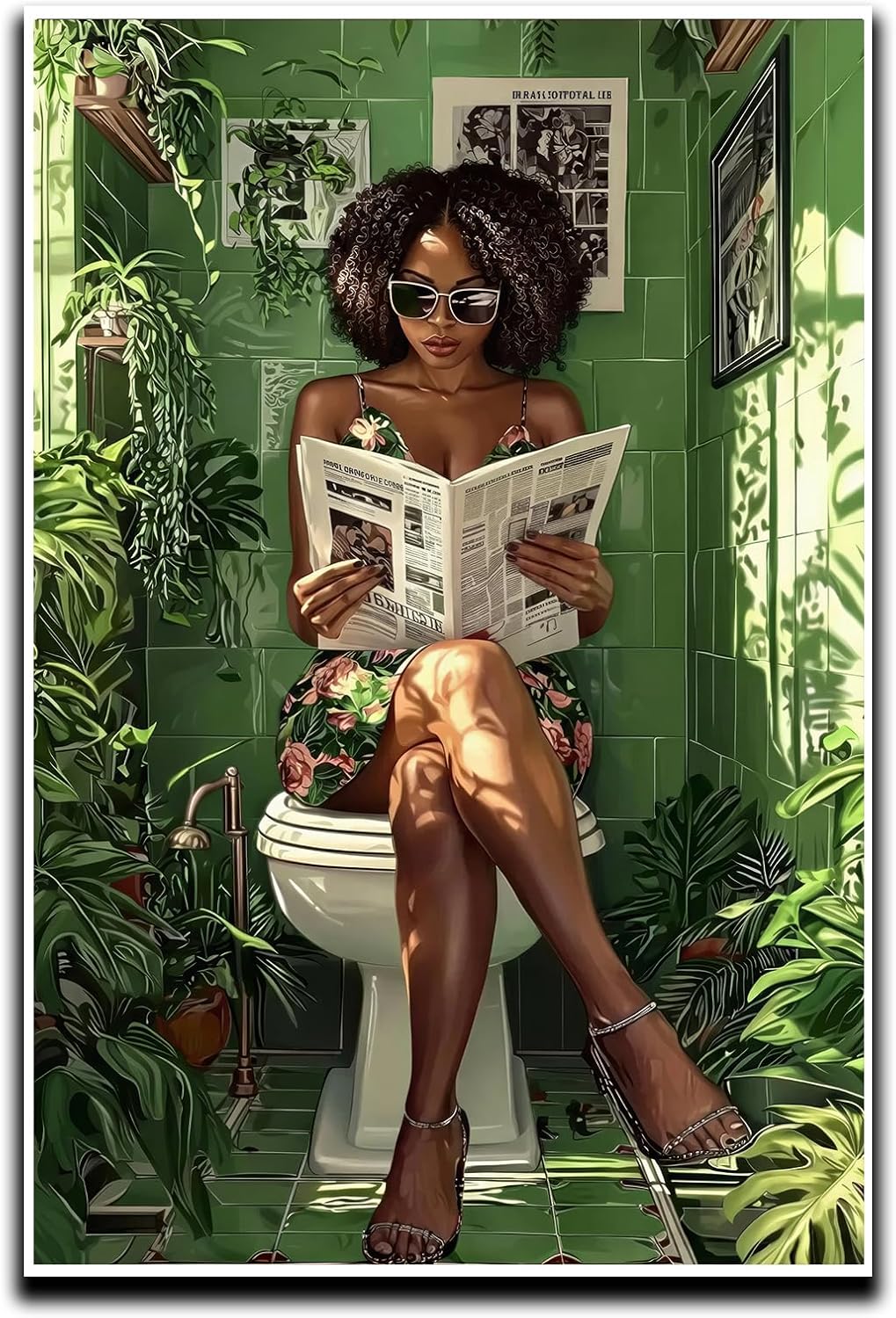 YUECOSHMAO African American Bathroom Decor Wall Art Dark Green Bathroom Mural Art Black Woman Reading in Green Botanical Toilet Poster Black Stylish Aesthetics Room Decoration 16X24 Inch Unframed