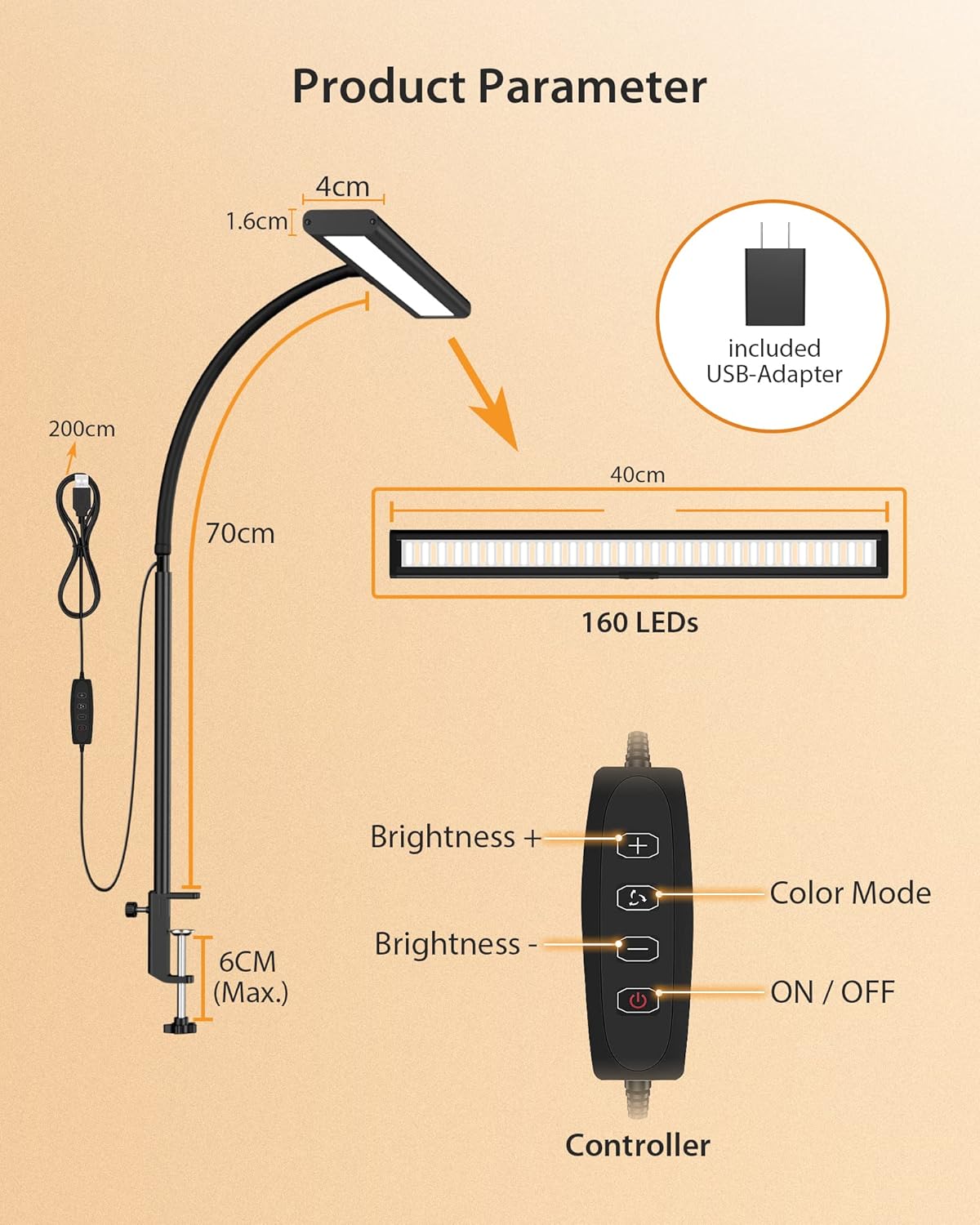 Desk Lamp [3 Color & 10 Brightness] 160 LEDs Dimmable Desk Lamp Home Office USB Lamp with Clamp, Eye-Caring Clip on Desk Light Working for Video Conference Workbench Drafting Crafting Drawing Reading