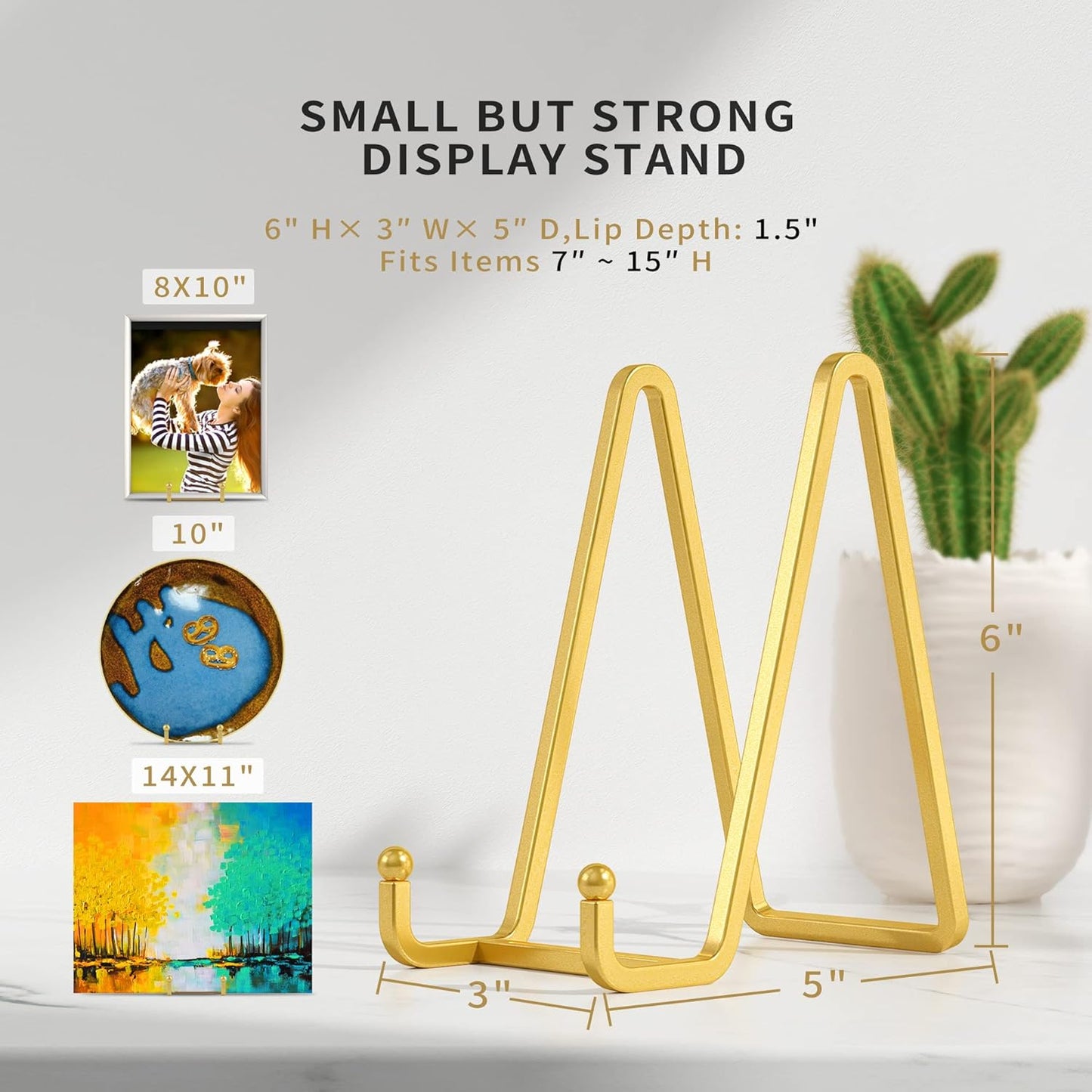 6 Inch Metal Square Wire Plate Stands for Display - Gold 2 Pack Holder Stand + Picture Frame Easel for Book, Decorative Plaque, Photo, Platter
