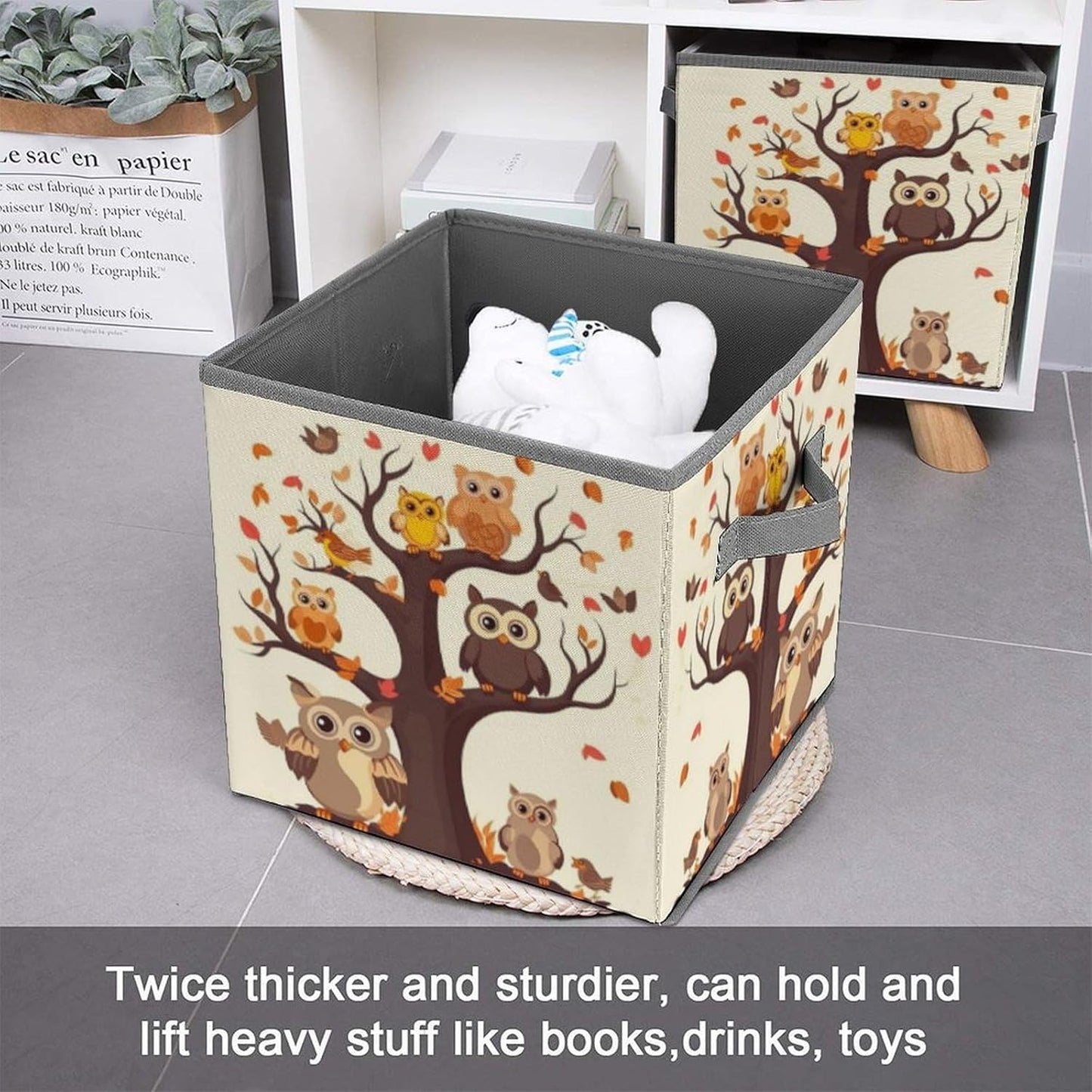 Cartoon Family Owls On The Brown Tree Storage Bins with Handles Fashion Large Storage Cubes Sturdy Foldable Storage Boxes Space-Saving Storage Baskets for Home Office Clothes Closet Organizers