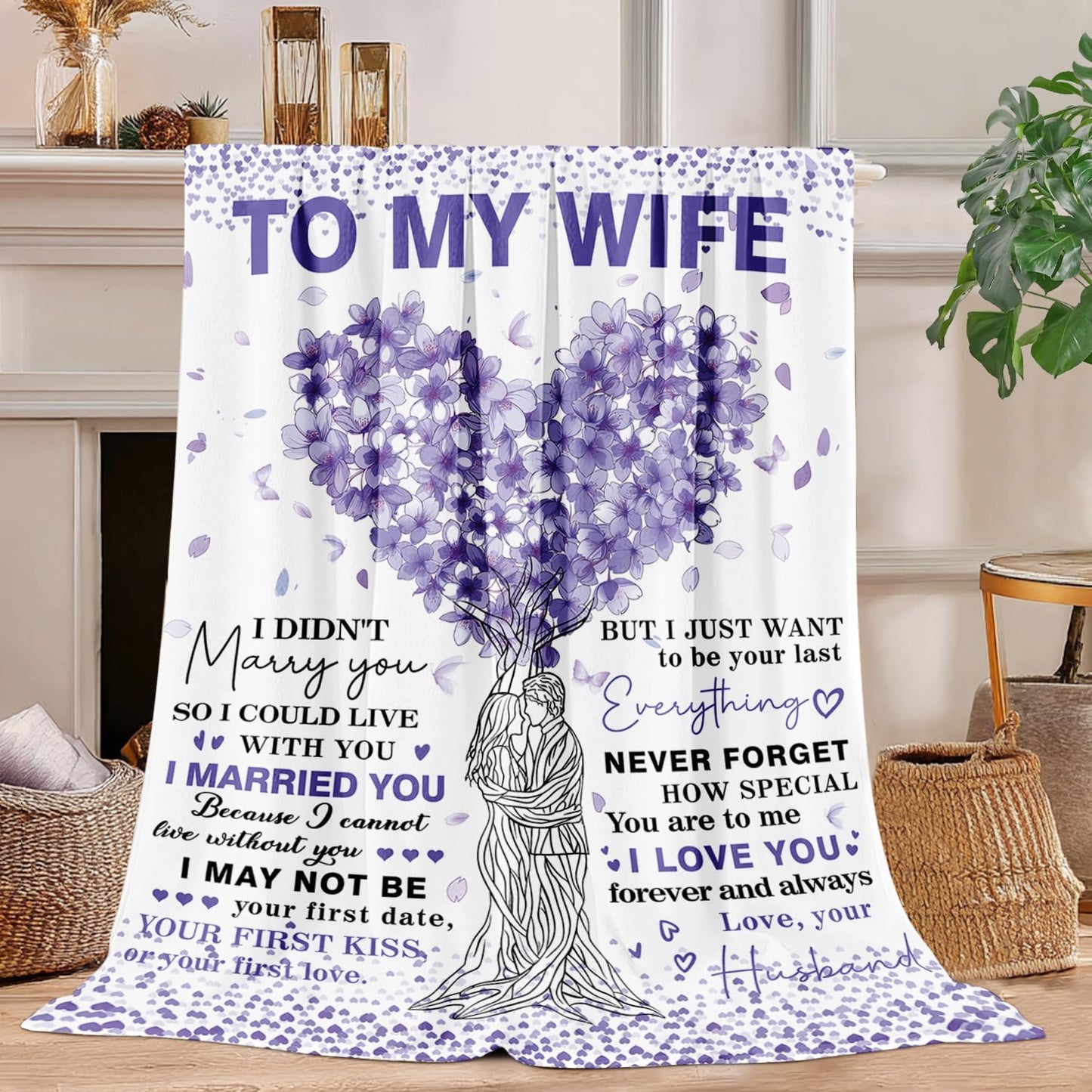 to My Wife Blanket Anniversary Birthday Gifts for Wife from Husband Best Women Birthday Gift Ideas for Her Christmas Valentines Day Romantic I Love You Gift for Her 50"x60"（Purple）