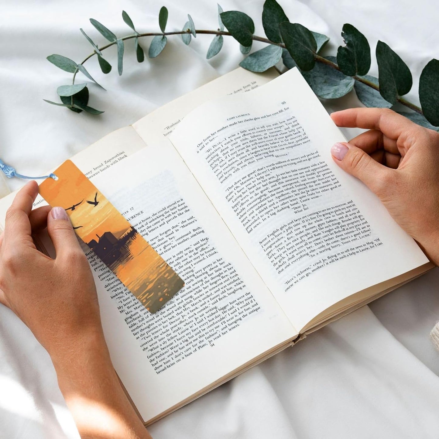 Lake View Illustration Bookmarks Gifts for Women Men, Wooden Bookmarks for Book Lovers, Vintage Book Marks Ornaments with Tassel, Unique Personalized Reading Page Markers Sky Blue