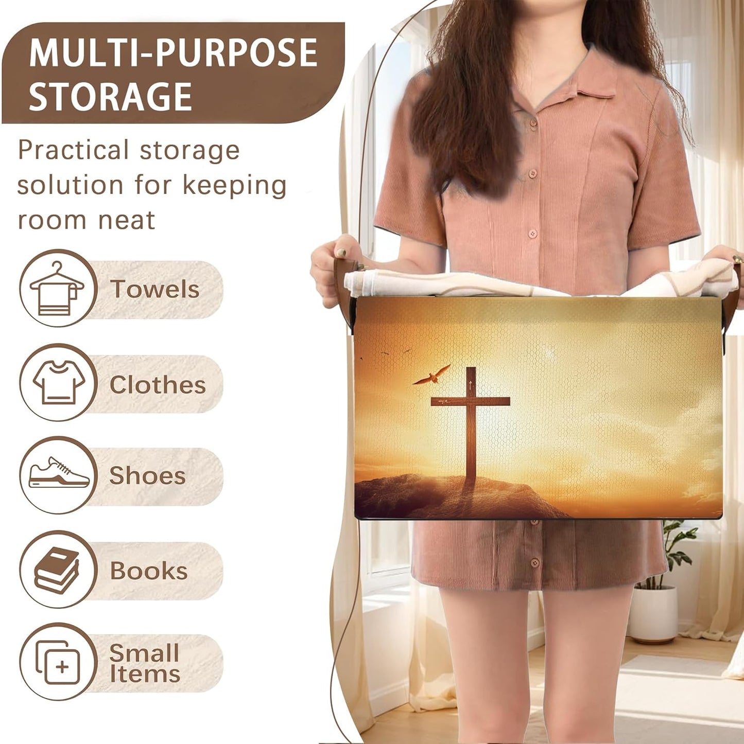 Cross Pattern Collapsible Storage Box - 17x11.5x10.5 Inch Foldable Organizer for Seasonal Decor, Religious Decorations, Under Bed Home Decor, Closet, Church Storage - Single Pack No Lid