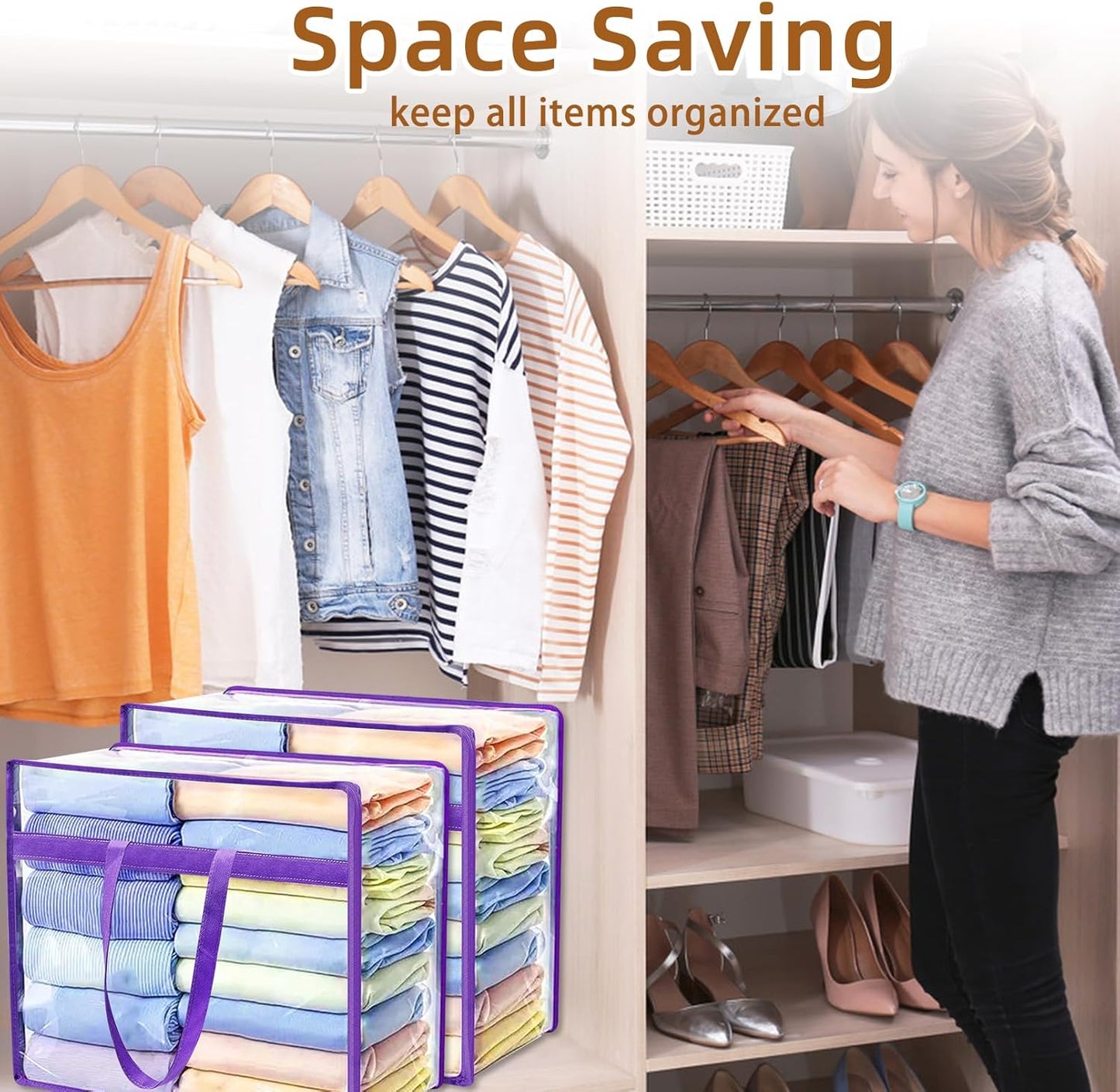 6 Pack Clear Storage Bags, 40L Clothes Storage Bag,Foldable Moving Bags with Zipper and Reinforced Handle,Clear Closet Organizers for Clothes,Comforter, Blanket, Bedding