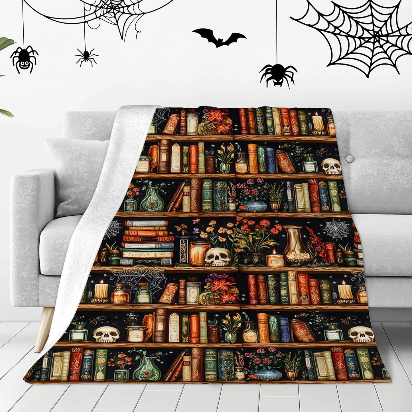 Halloween Bookshelf Blanket for Book Lovers 60"x50", Fall Throw Blankets Lounging Blanket for Reading Area Couch Office Reading Area Bookworm Adults, Wife