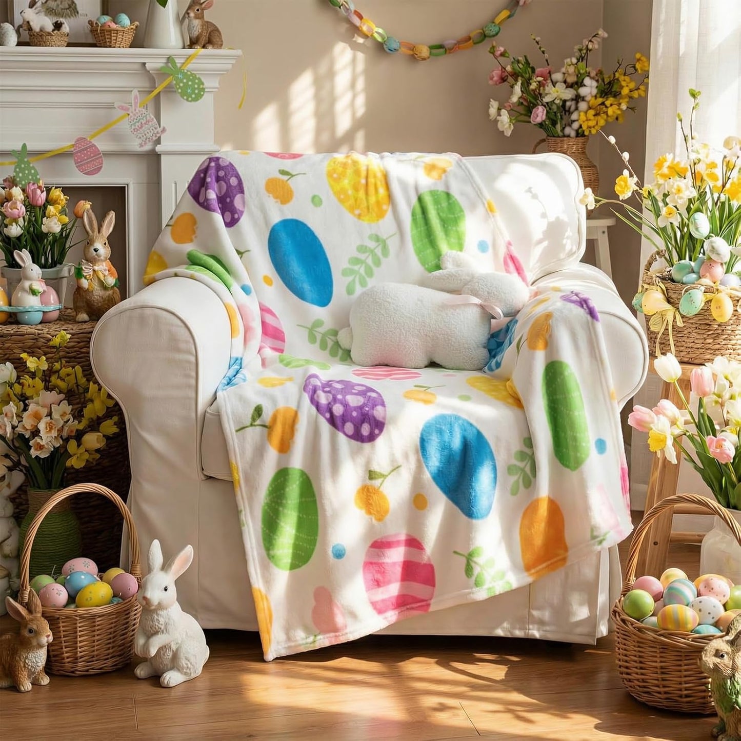 2 Pcs Easter Plush Throw Blanket and Pillow Set, 40 x 50 Inch Soft Easter Eggs Flannel Blanket Fluffy Bunny Stuffed Pillow Cushion Gifts for Boys Girls Teens Bedroom Decor
