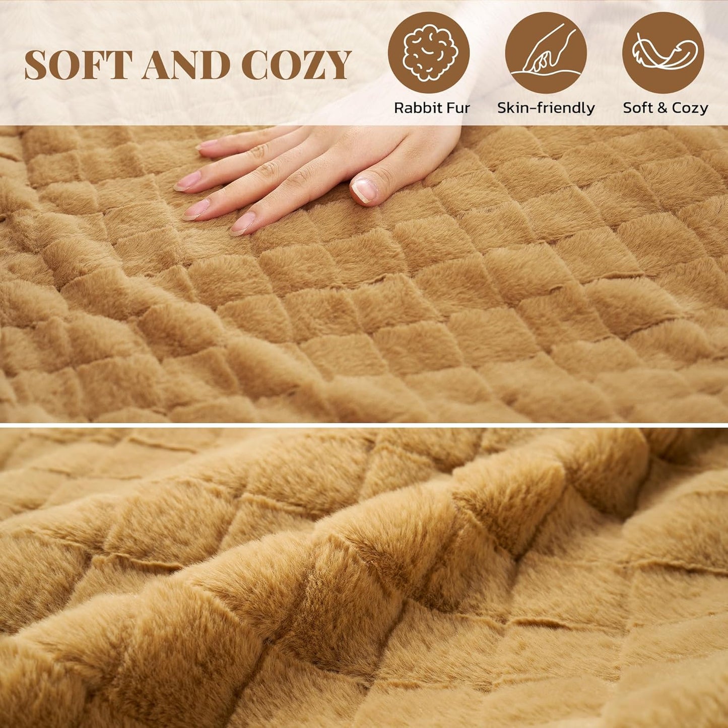 CURECURE Heated Blanket Full Size 72"x84", Soft Warm Faux Rabbit Fur Electric Blanket with 6 Heating Levels, 10 Hours Auto-Shutdown, Fast Heating, Home Use, Machine Washable, Gifts for Adults, Khaki