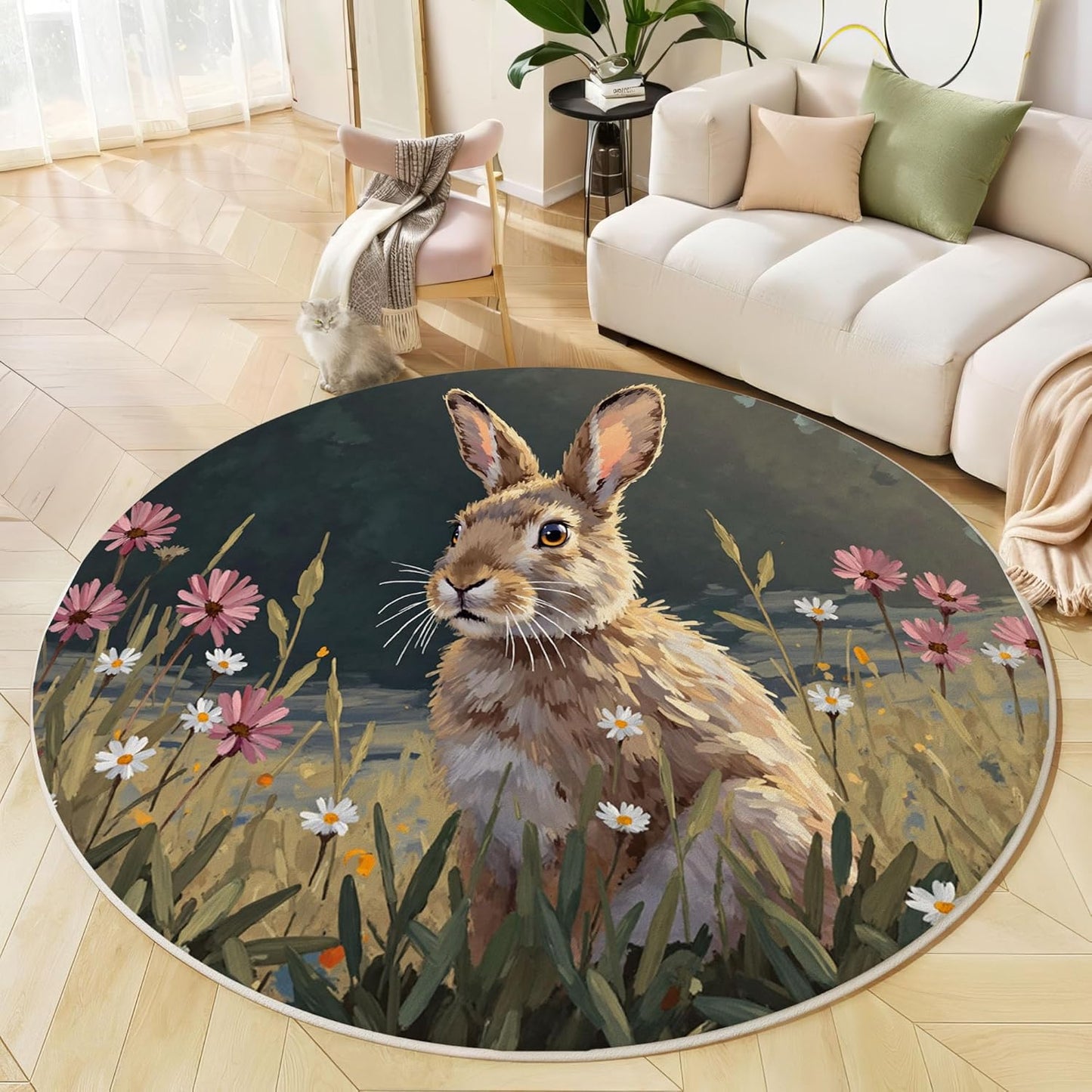 Round Rug for Kids Room, Nature Rabbit Grass Round Rugs 5.25Ft, Animals Oil Painting Circle Rug, Olive Green Washable Circle Carpet for Living Room Bedroom, Non Slip Low Pile Thin Area Rugs