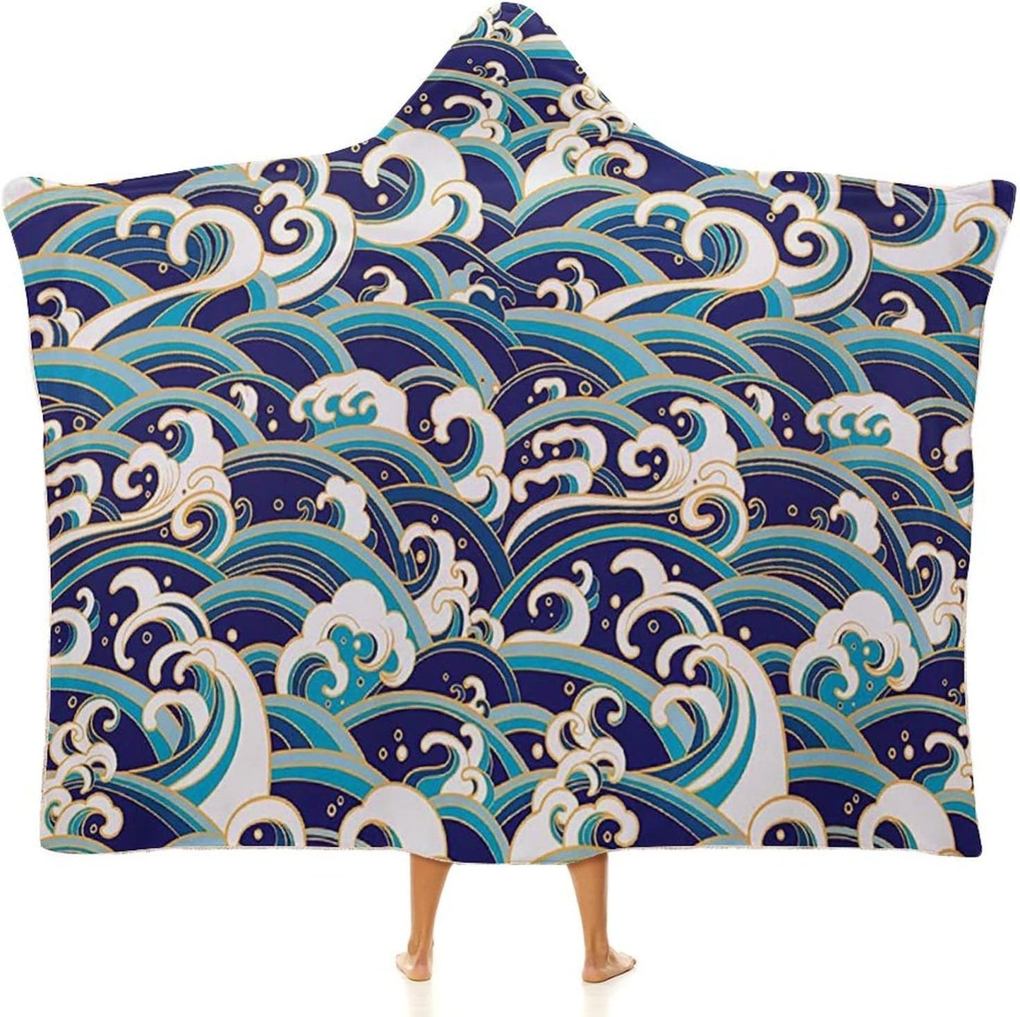 Throw Blankets, Nautical Women Men Hooded Blanket, Traditional Oriental Style Ocean Waves Pattern with, Soft Warm Cozy, 60 x 80inches, Studying Reading Snuggling Napping Office, Blue and White