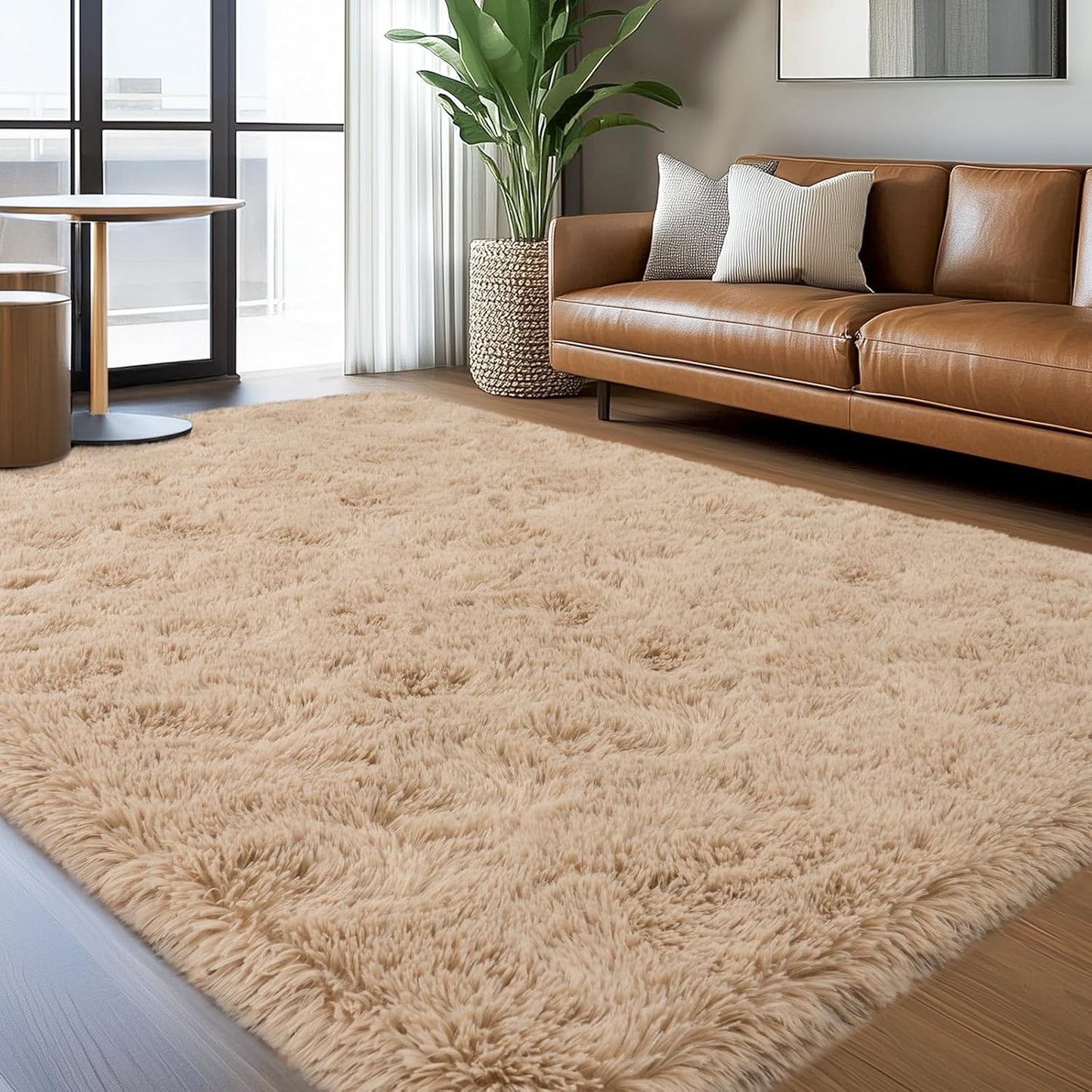 Shaggy Rugs for Bedroom Living Room, Beige Fluffy Fuzzy Shag Area Rug, 4x5.9 Feet Soft Cozy Plush Carpet for Kids Room Dorms Home Decor Aesthetic, Upgrade Non-Slip