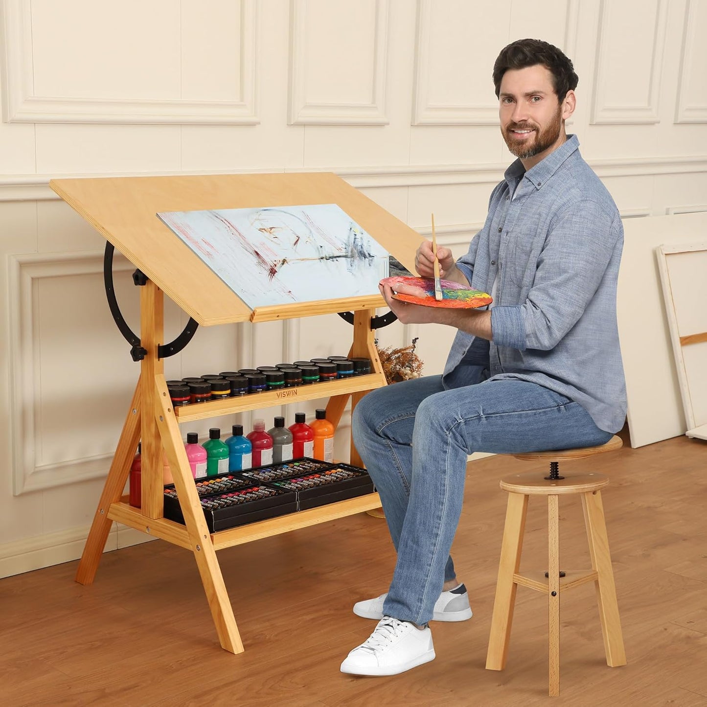 VISWIN Wood Drafting Table for Adults, Drawing Table with Adjustable Angle & 2-Tier Storage Racks for Art Studio, Solid Pine Wood Artist Desk for Drawing, Drafting, Writing, Reading, Sketching