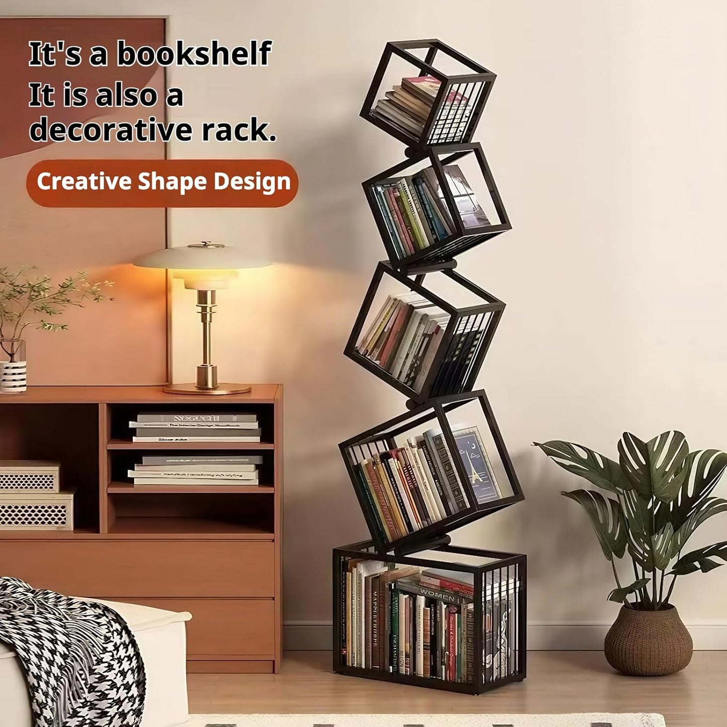Geometric 5 Tier Bookshelf, Durable Black Metal Bookcase with Artistic Open Shelves, Tall Narrow SavingSpace Book Shelf for Living Room & Office