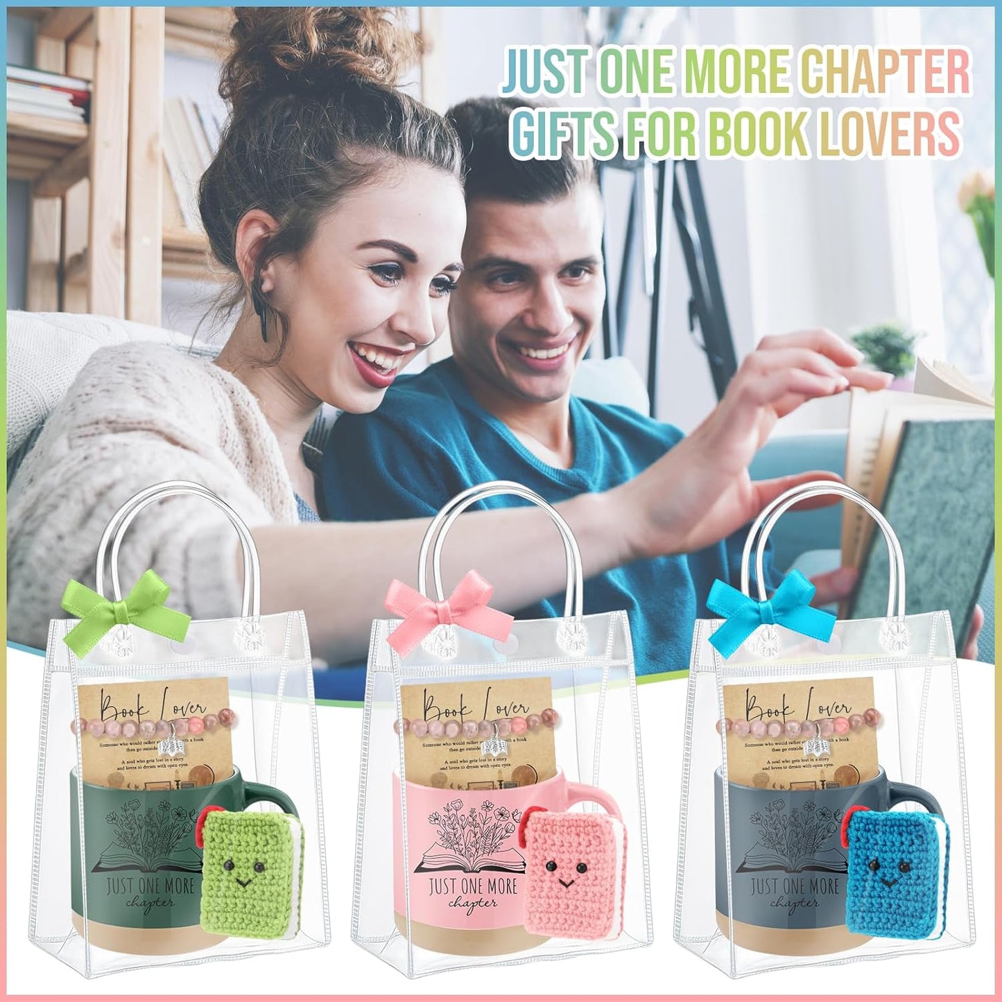 Roshtia Book Lover Gift for Women Bookworm Coffee Mug Mini Crochet Book Bracelet Card and Bag Bookish Club Accessories for Friend Librarian Reader Coworker Teacher, 1 Set